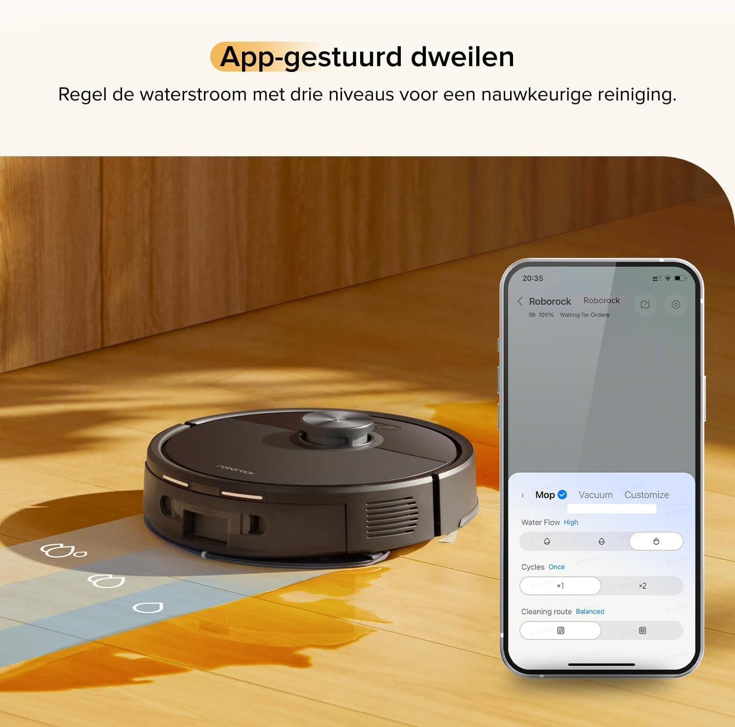 Aspirateur robot lave sol bois; application smartphone affiche réglages.