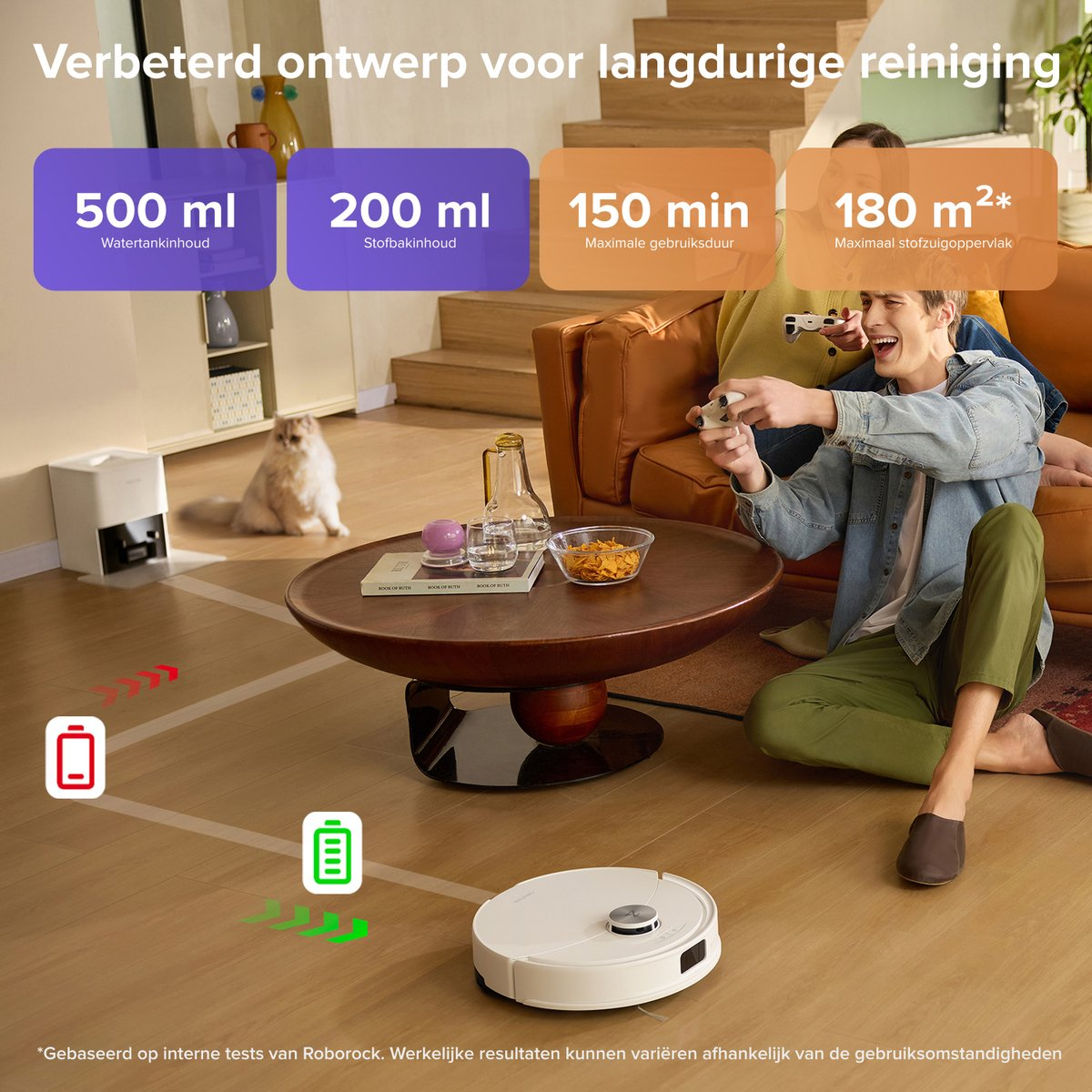 Aspirateur robot avec réservoir d'eau, bac à poussière, autonomie et surface.