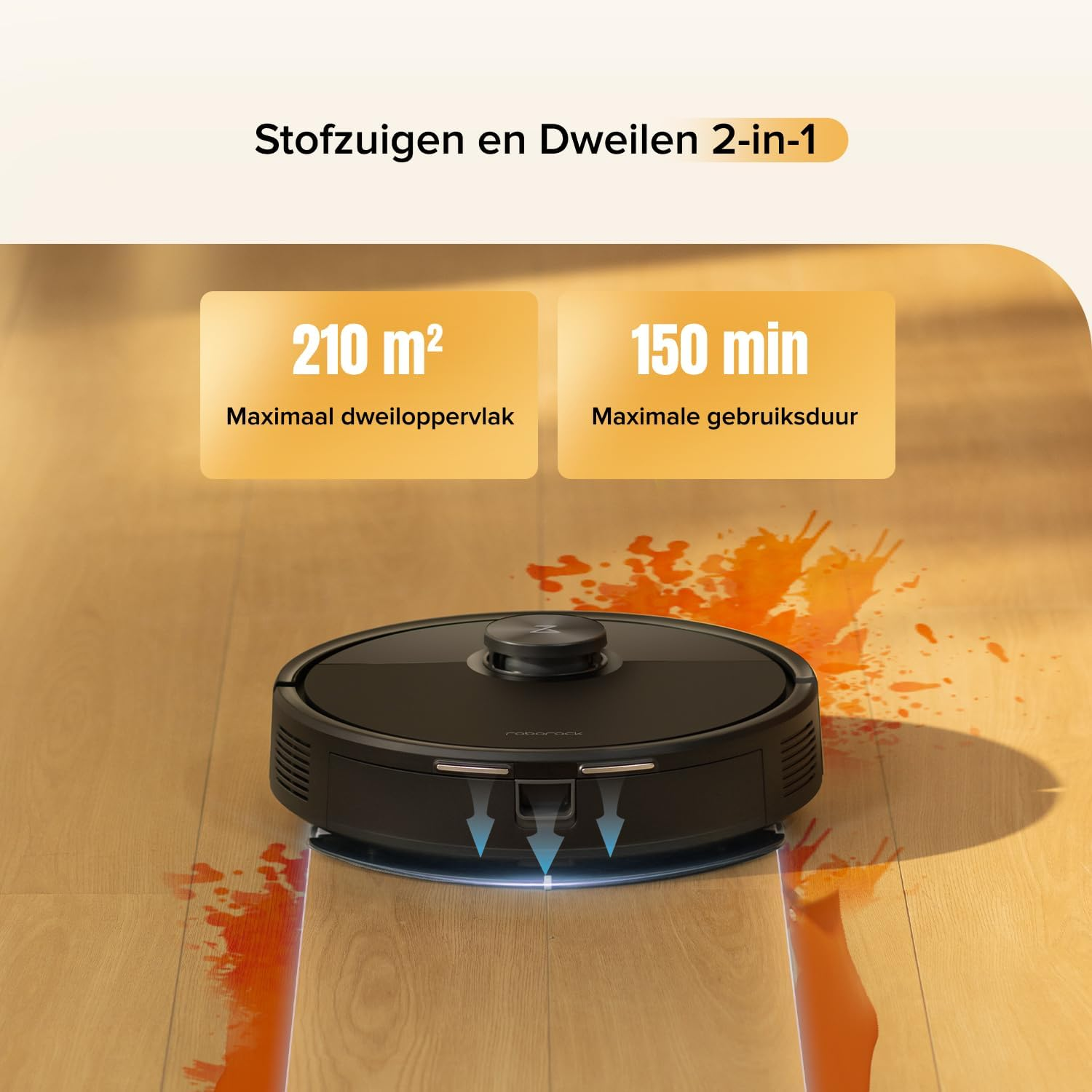 Aspirateur robot noir nettoie taches orange sur parquet. 210m² et 150 min.
