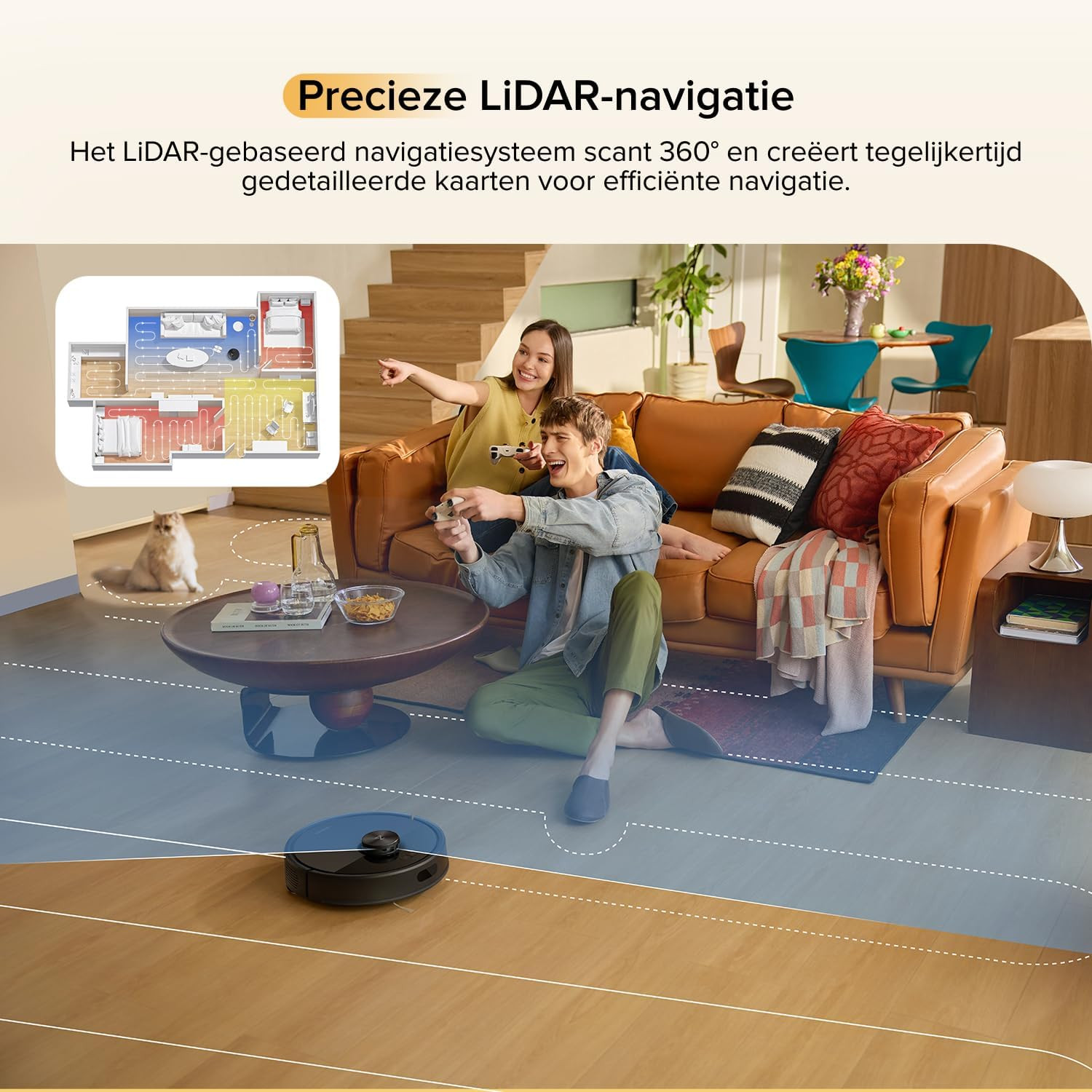 Un aspirateur robot nettoie un plancher en bois pendant que deux personnes sont assises.