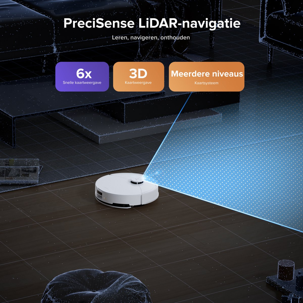 Un robot aspirateur blanc scanne son environnement avec la technologie LiDAR.