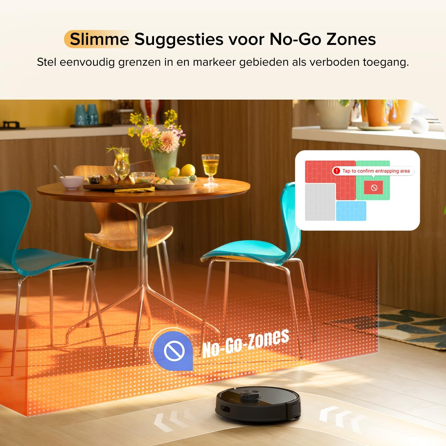 Un aspirateur robot dans une salle à manger avec un marquage "Zone Interdite".