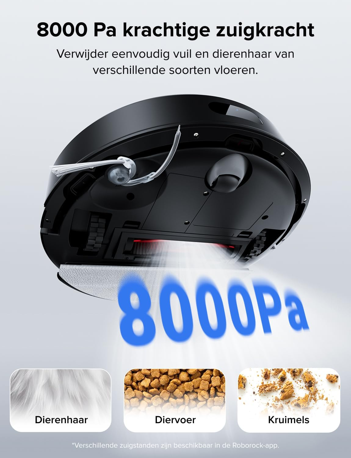 Zwarte robotstofzuiger met 8000 Pa zuigkracht, toont dierenhaar, voer en kruimels.