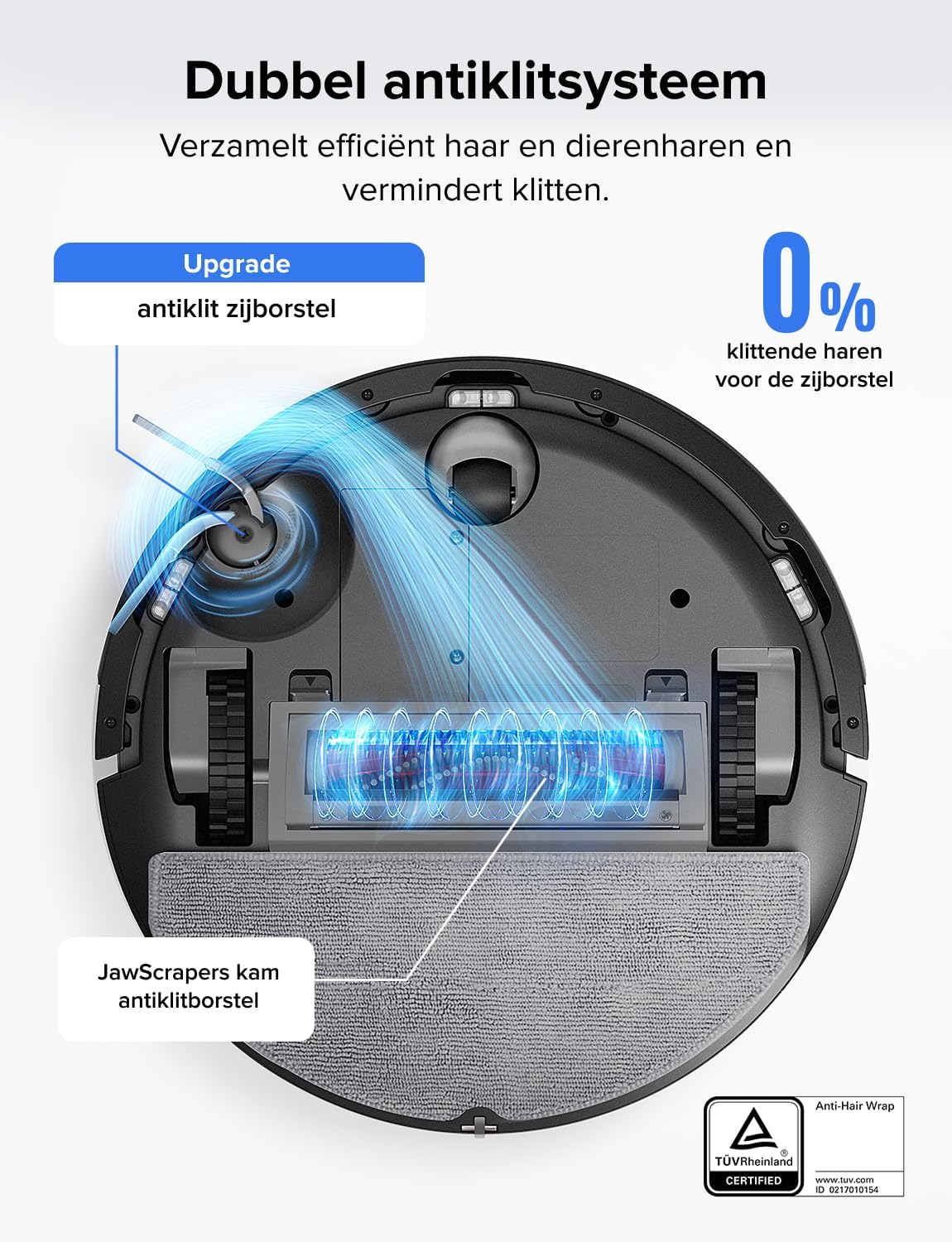 Robotstofzuiger met dubbel anti-klitsysteem. 0% klittende haren.