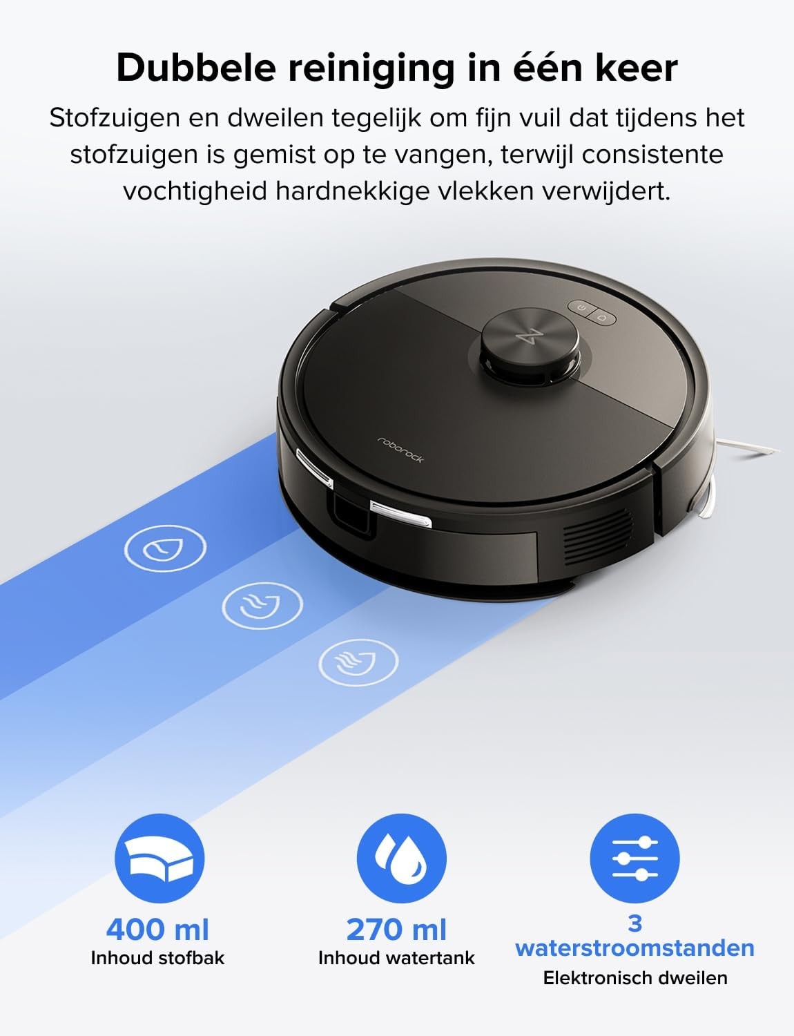 Zwarte robotstofzuiger met dweilfunctie, 400ml stofbak, 270ml watertank.