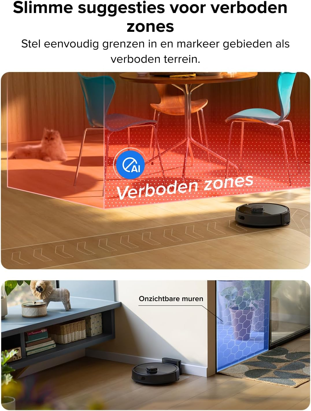 Een robotstofzuiger navigeert rond meubels en een kat. Verboden zones zijn gemarkeerd.