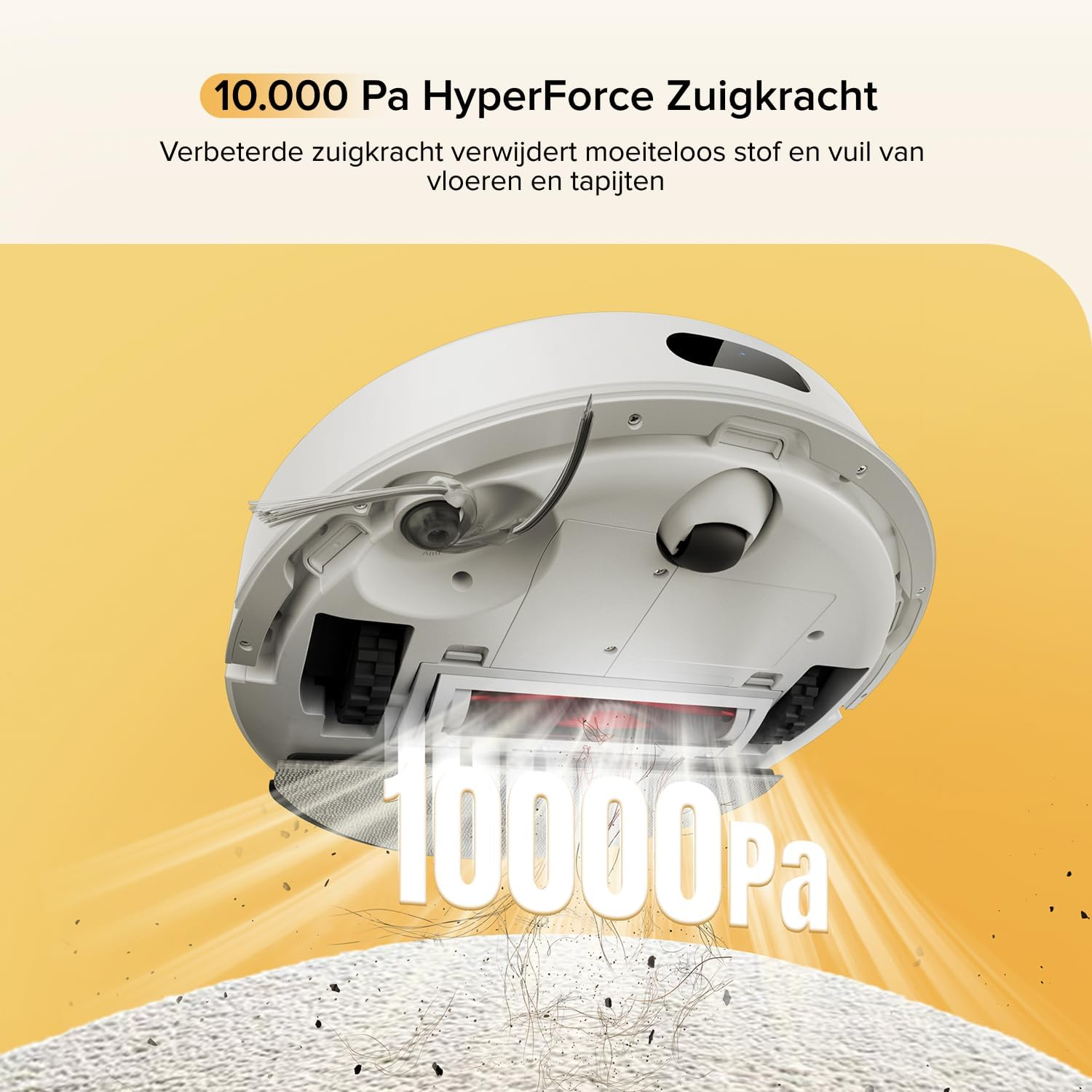 Un aspirateur robot aspire poussière et débris d'un tapis.