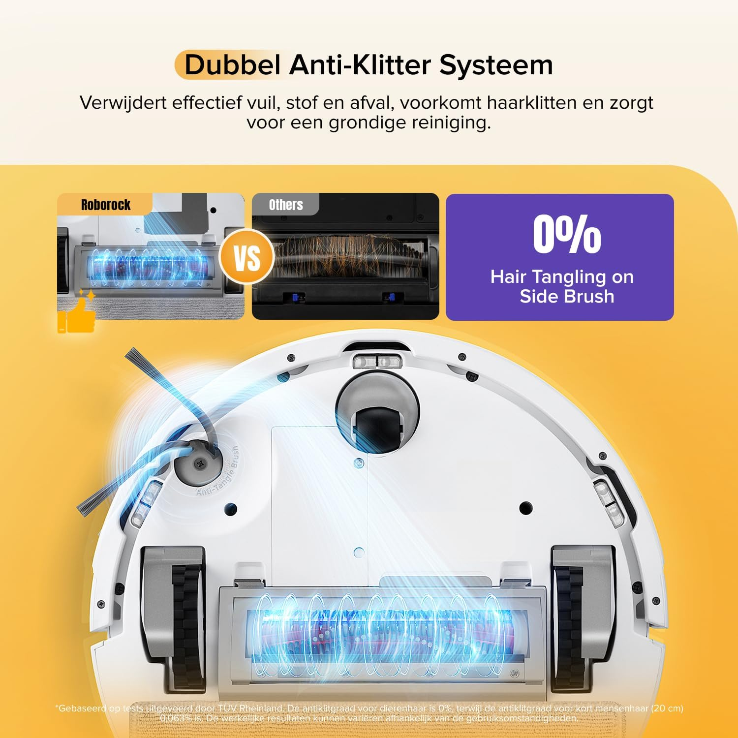 Brosse d'aspirateur Roborock avec 0% d'emmêlement de cheveux par rapport à d'autres.