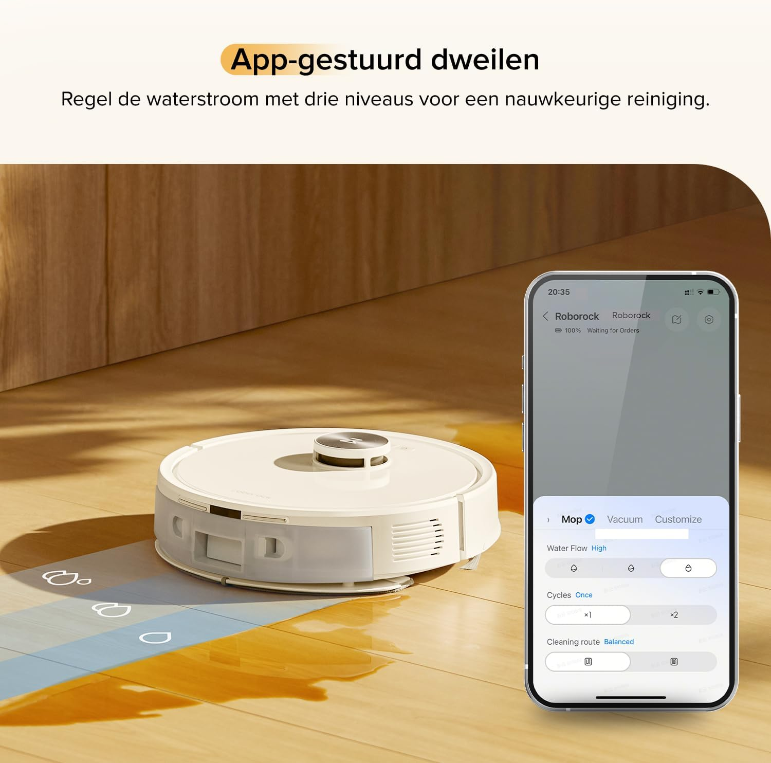Un robot aspirateur blanc serpille un plancher en bois, avec une application smartphone affichée.