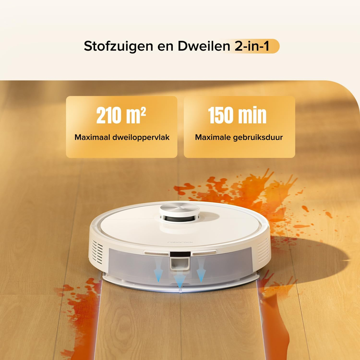 Un robot aspirateur blanc lave un parquet avec des taches rouges.