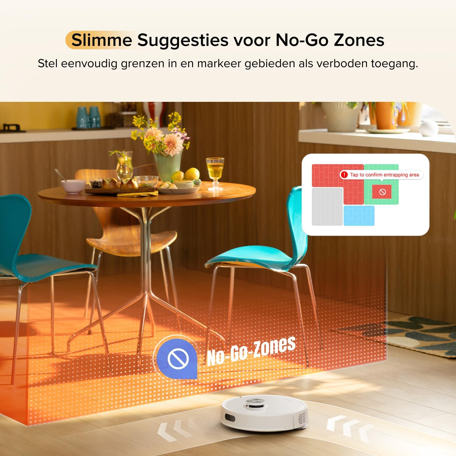 Un aspirateur robot navigue autour d'une table de salle à manger avec des chaises, définissant des zones interdites.