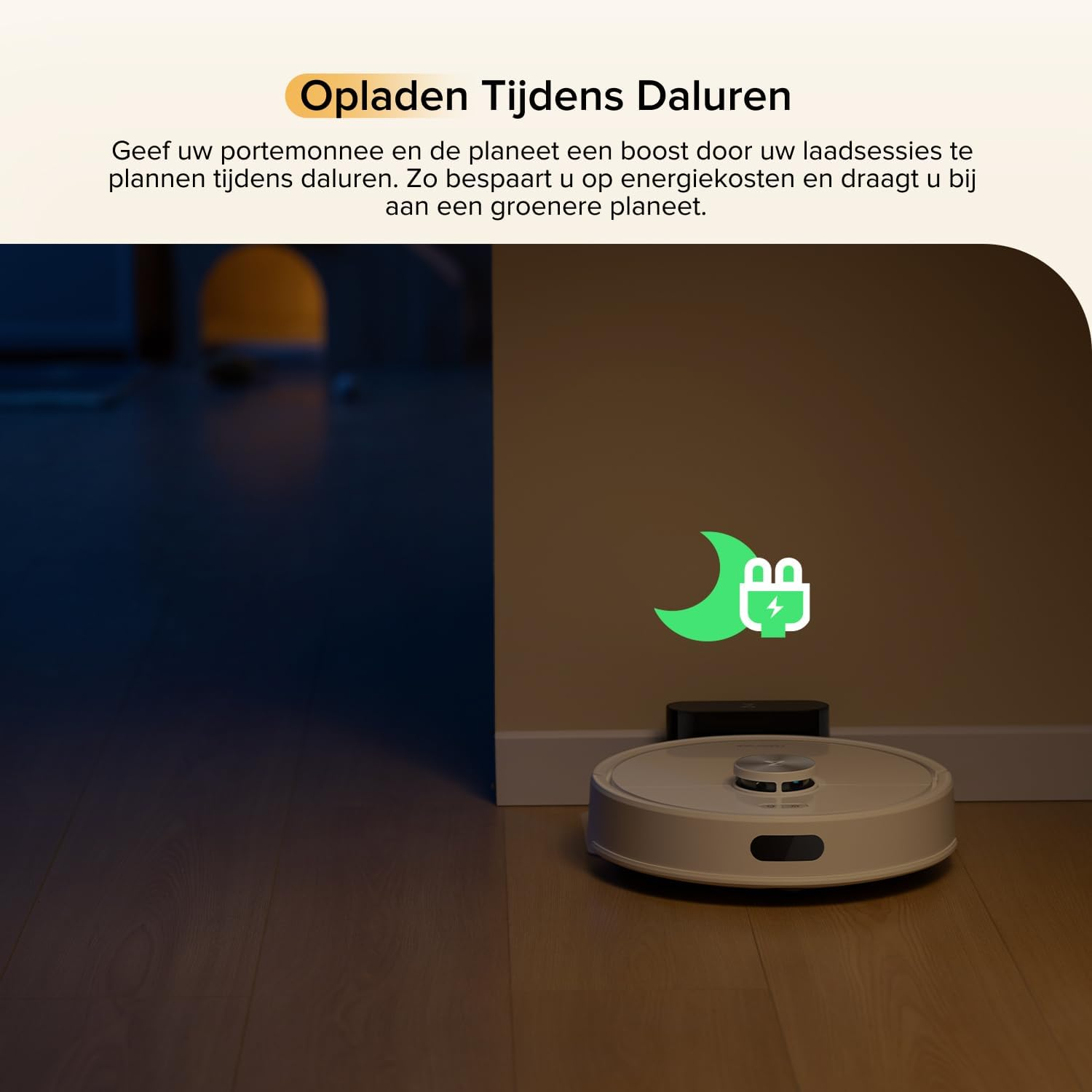 Un aspirateur robot charge à sa station, avec un symbole lune et charge.