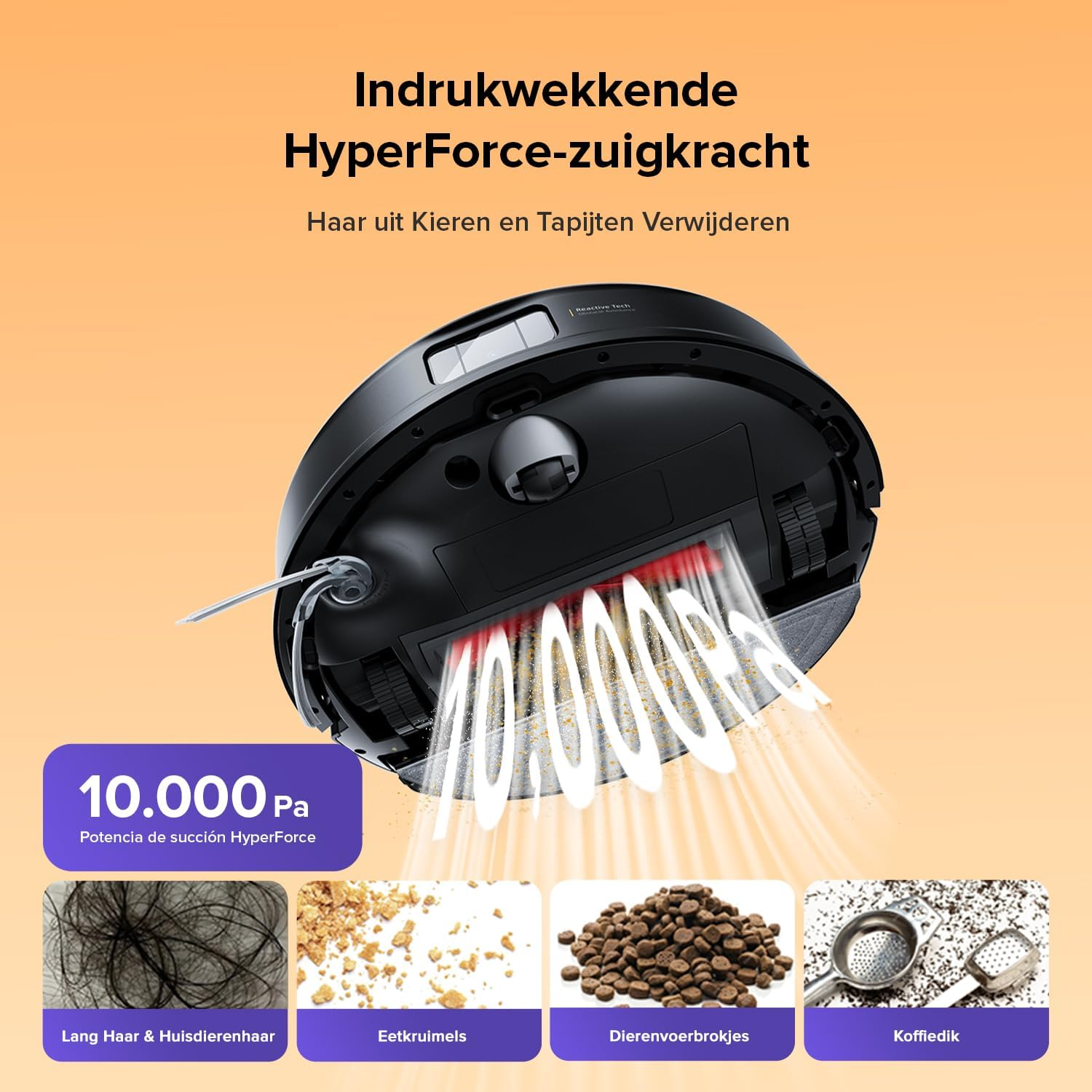 Aspirateur robot 10.000 Pa aspire cheveux, miettes, croquettes, marc de café.