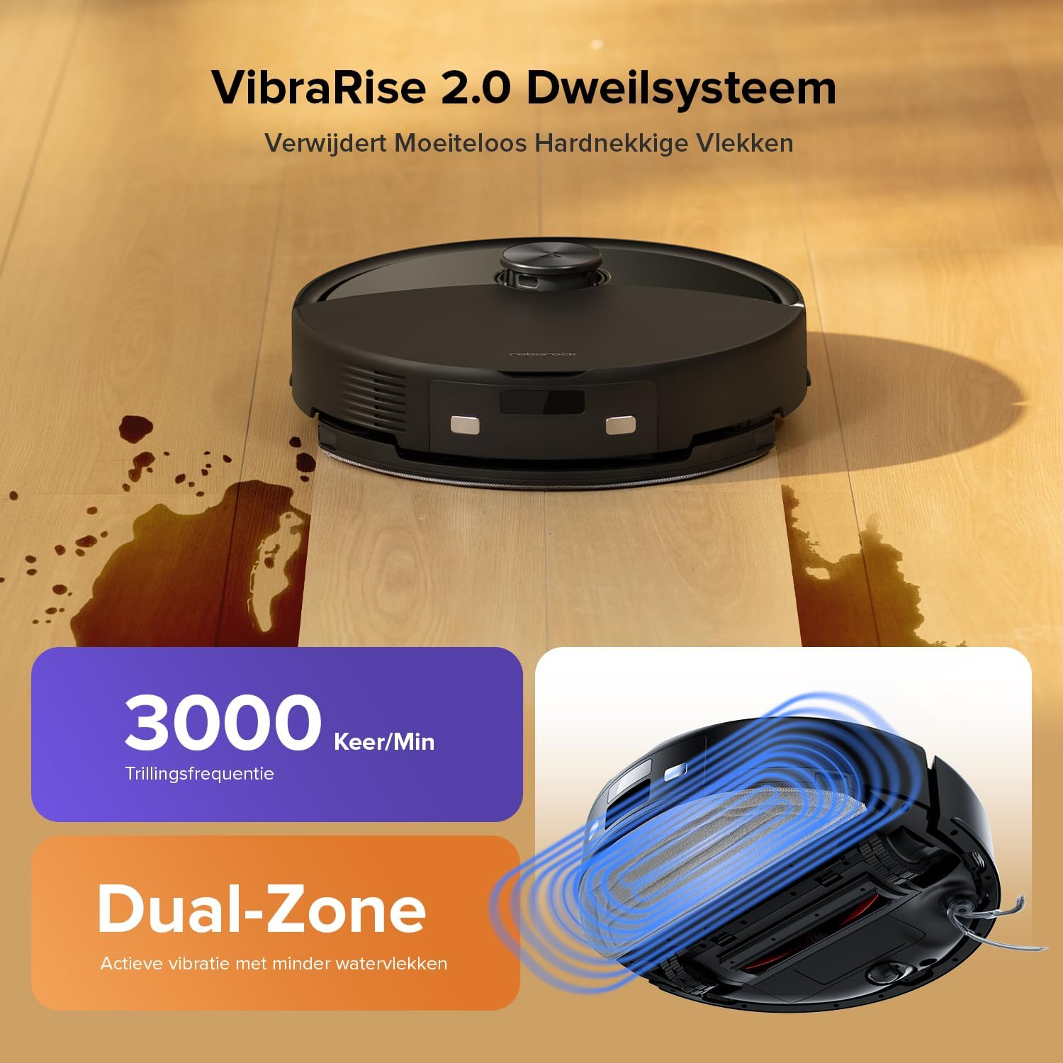 Aspirateur robot noir sur plancher en bois avec liquide renversé. VibraRise 2.0 avec 3000 vibrations/min.