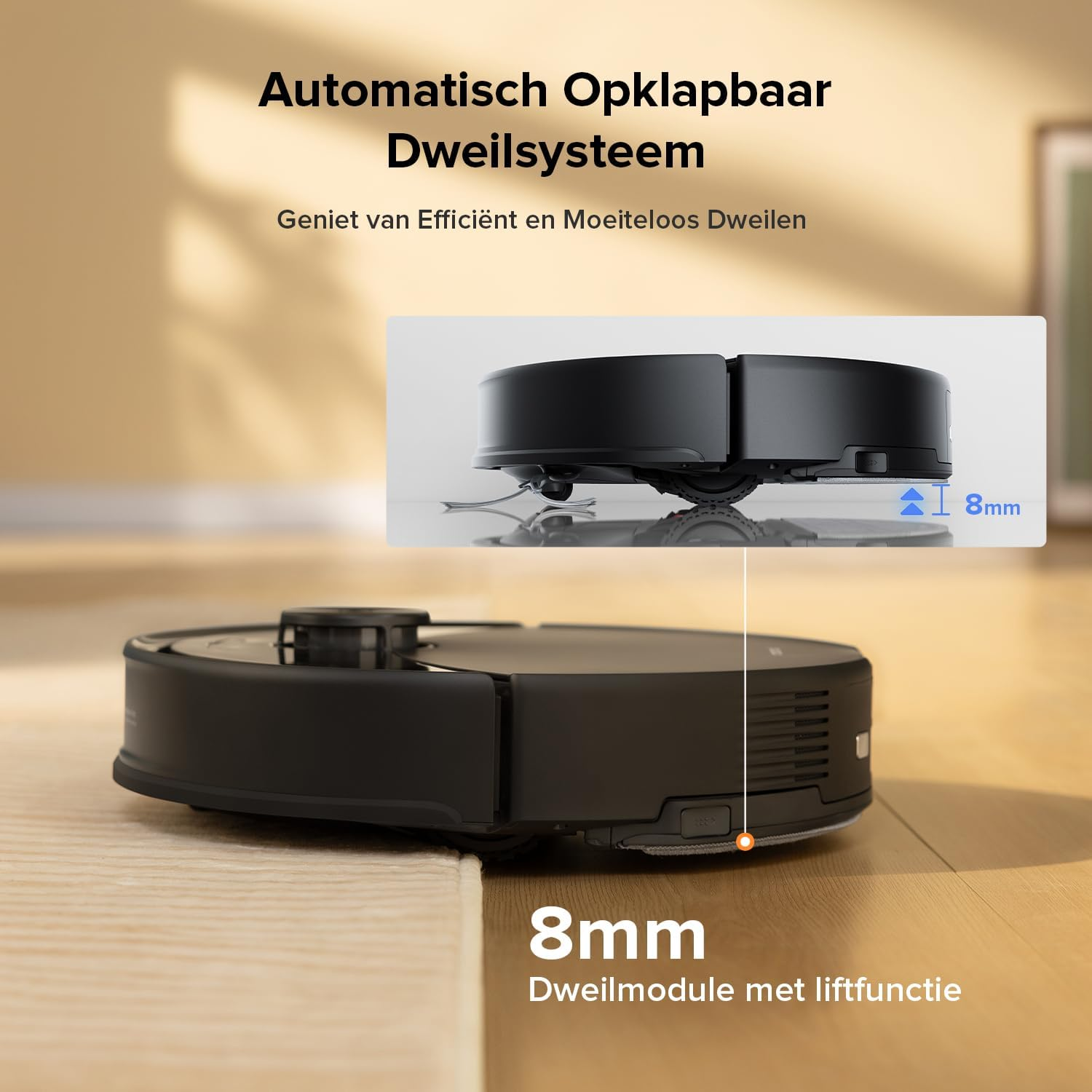 Un robot aspirateur noir sur un plancher en bois. Le texte indique 8mm.