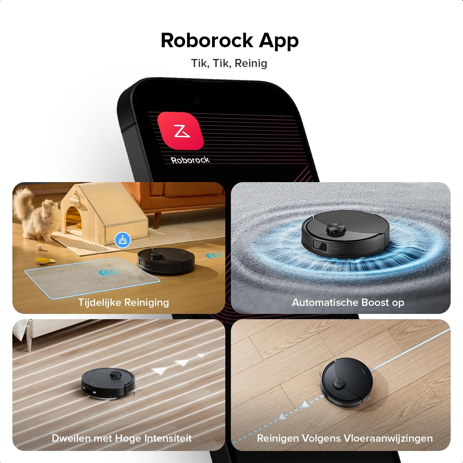 Roborock App shows 4 cleaning modes: temporary cleaning, auto boost, intense mopping, floor cleaning.