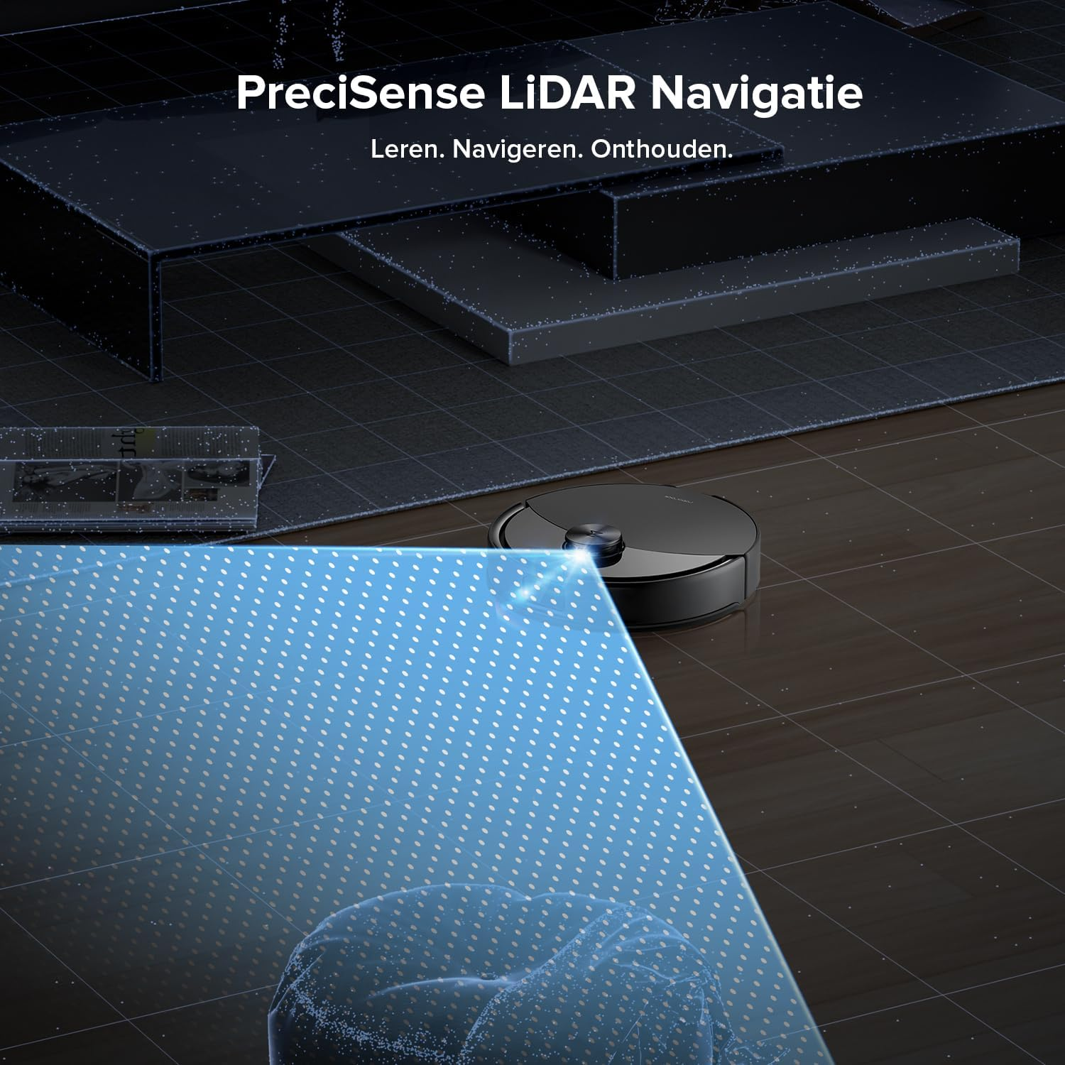 Un aspirateur robot noir navigue sur un sol sombre avec une carte lidar bleue.