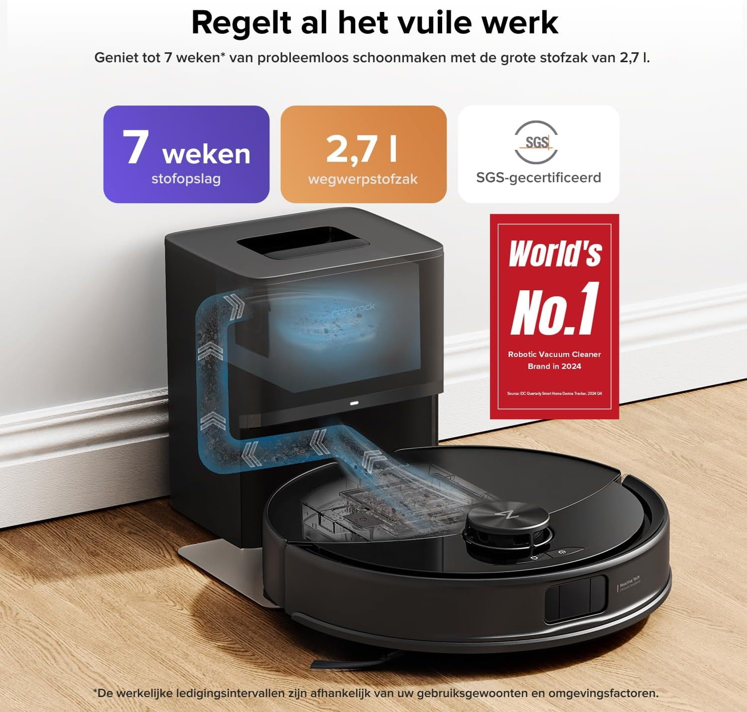 Un robot aspirateur noir avec station de charge stockant la poussière 7 semaines.