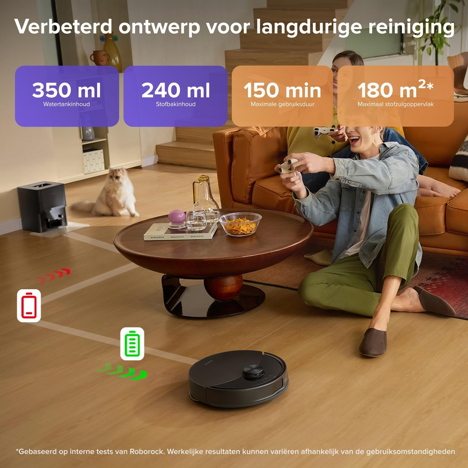Aspirateur robot avec réservoir d'eau de 350ml, bac à poussière de 240ml, 150 min.