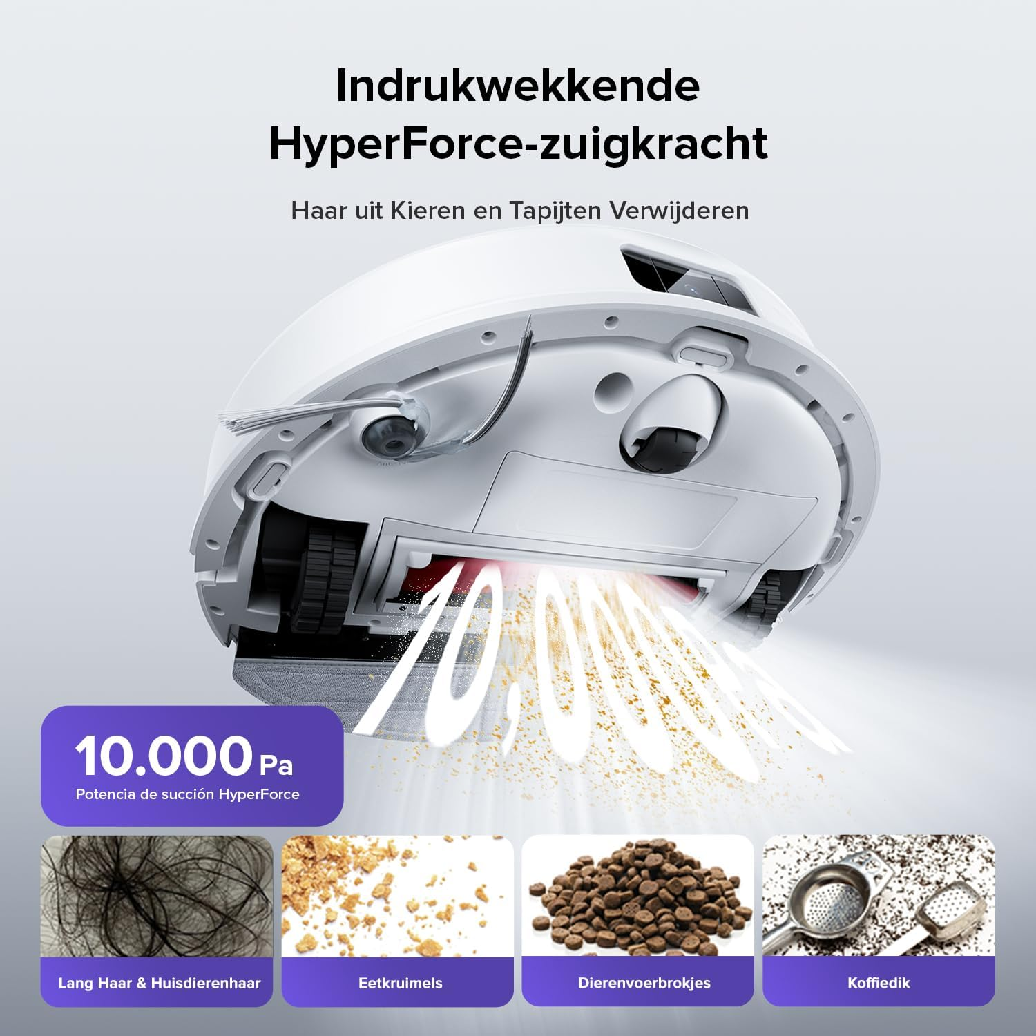 Een robotstofzuiger zuigt haar, kruimels, dierenvoer en koffiedik op.