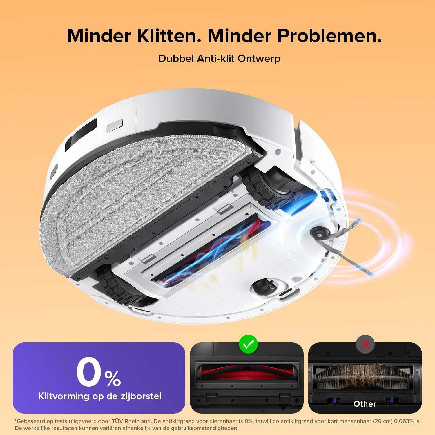 Robotstofzuiger met roterende borstels en anti-kitting ontwerp.