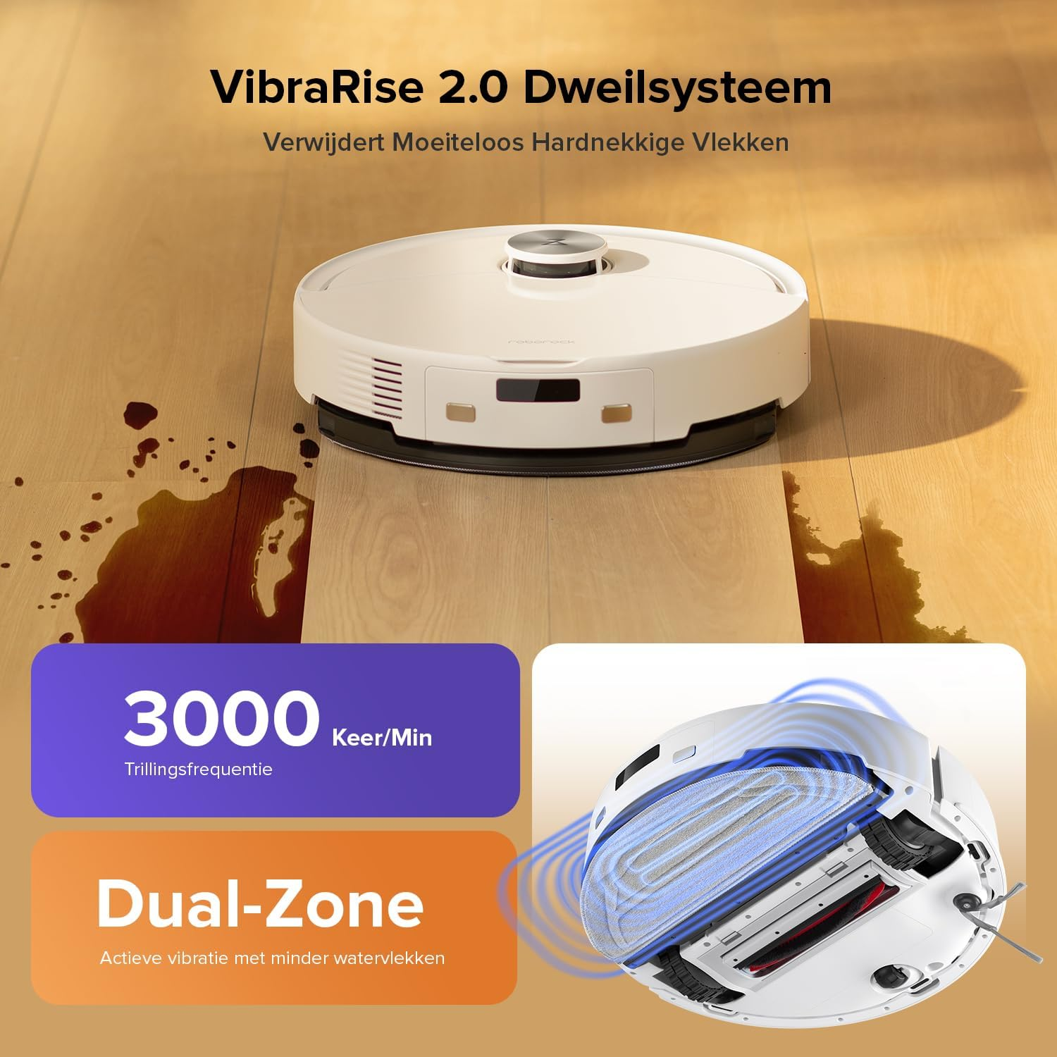 Een witte robotstofzuiger reinigt een houten vloer met vlekken. Technische details worden getoond.