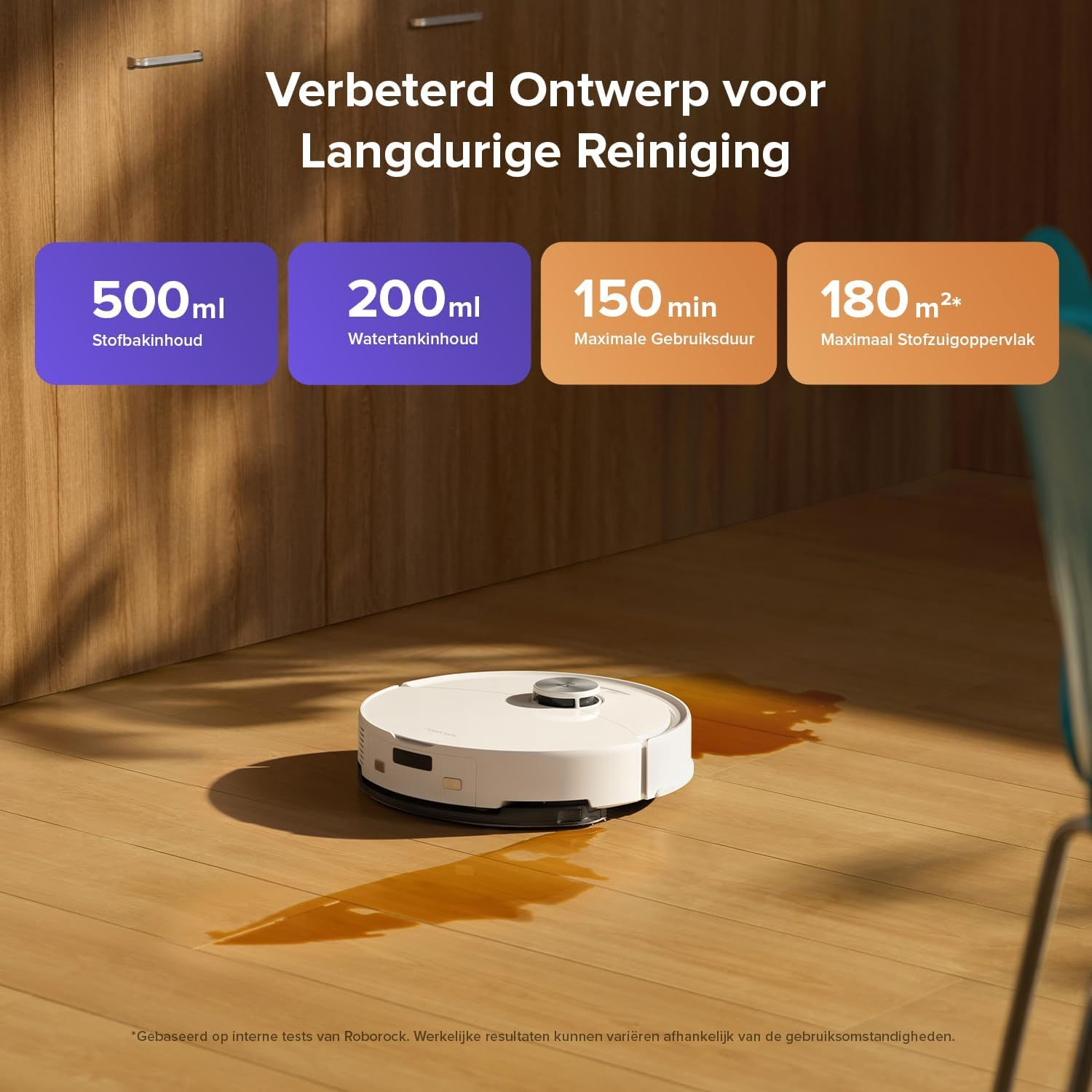 Witte robotstofzuiger op houten vloer met natte vlek. Datablokken tonen capaciteiten.