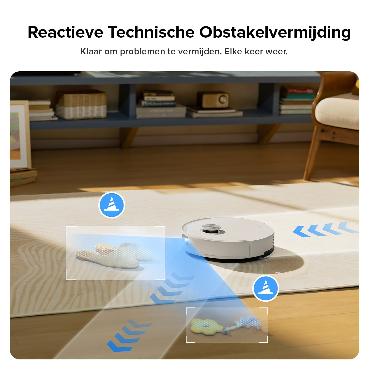 Een robotstofzuiger detecteert pantoffels en speelgoed. Obstakelvermijding.