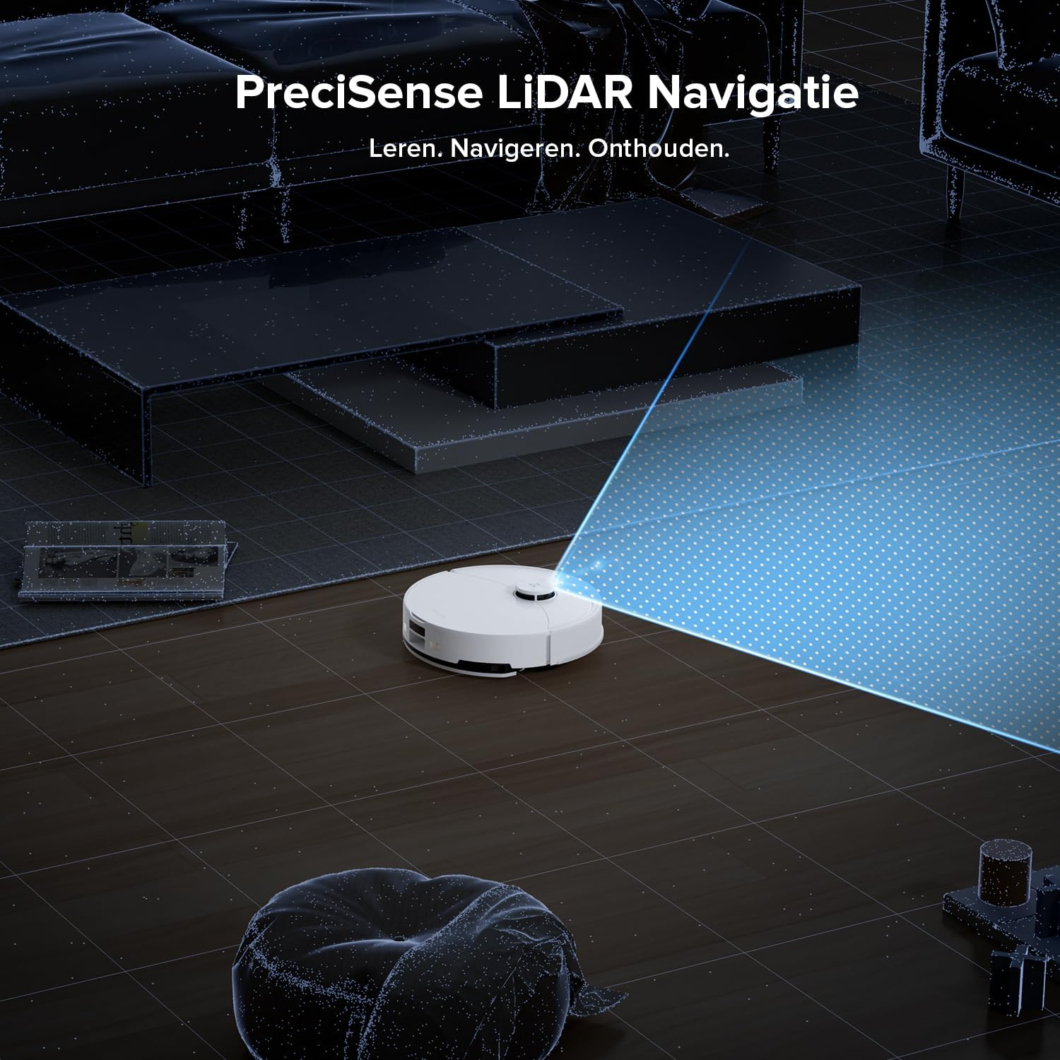 Een witte robotstofzuiger scant een kamer met LiDAR-technologie.