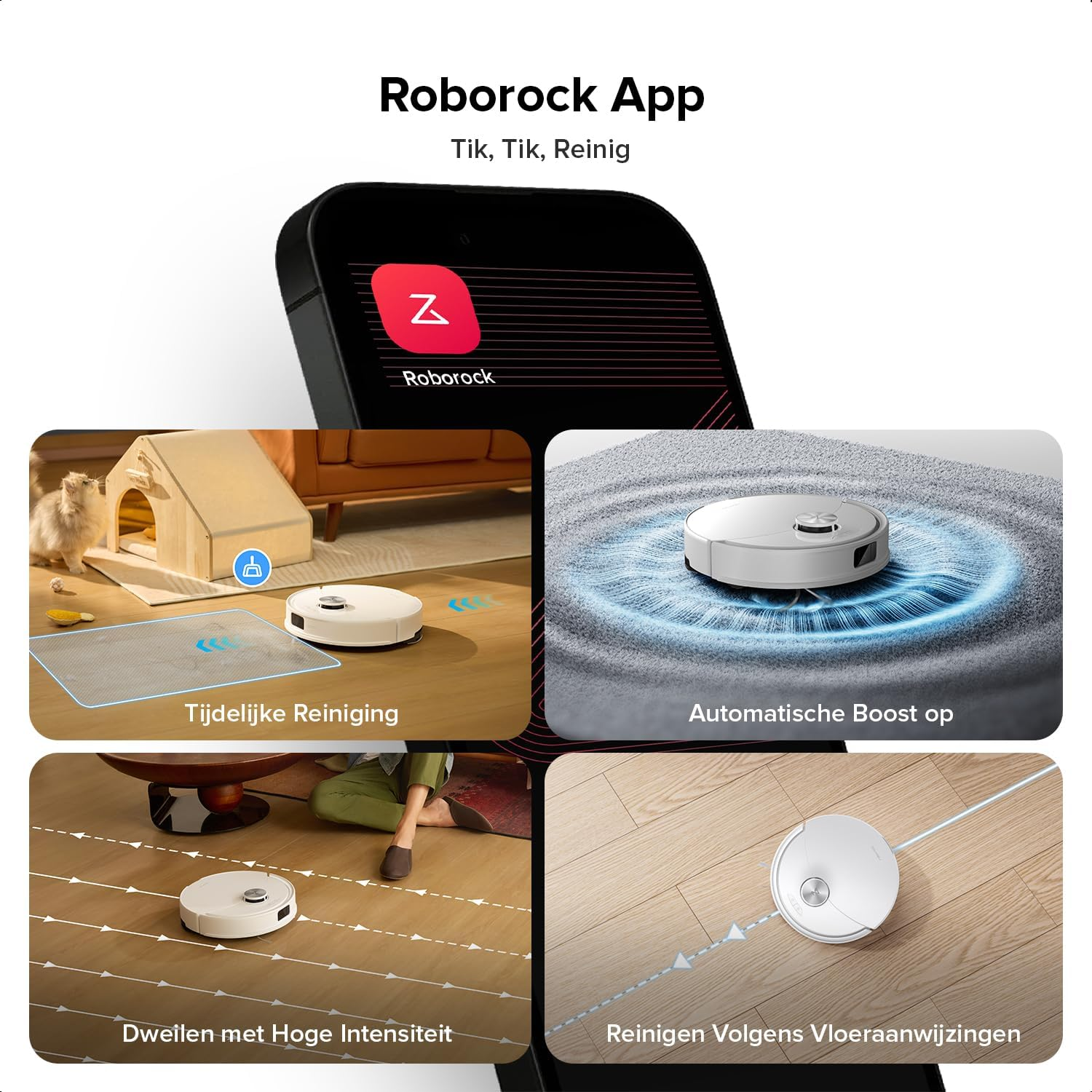 Roborock App toont robotstofzuiger in actie: reiniging, boost, dweilen, vloernavigatie.