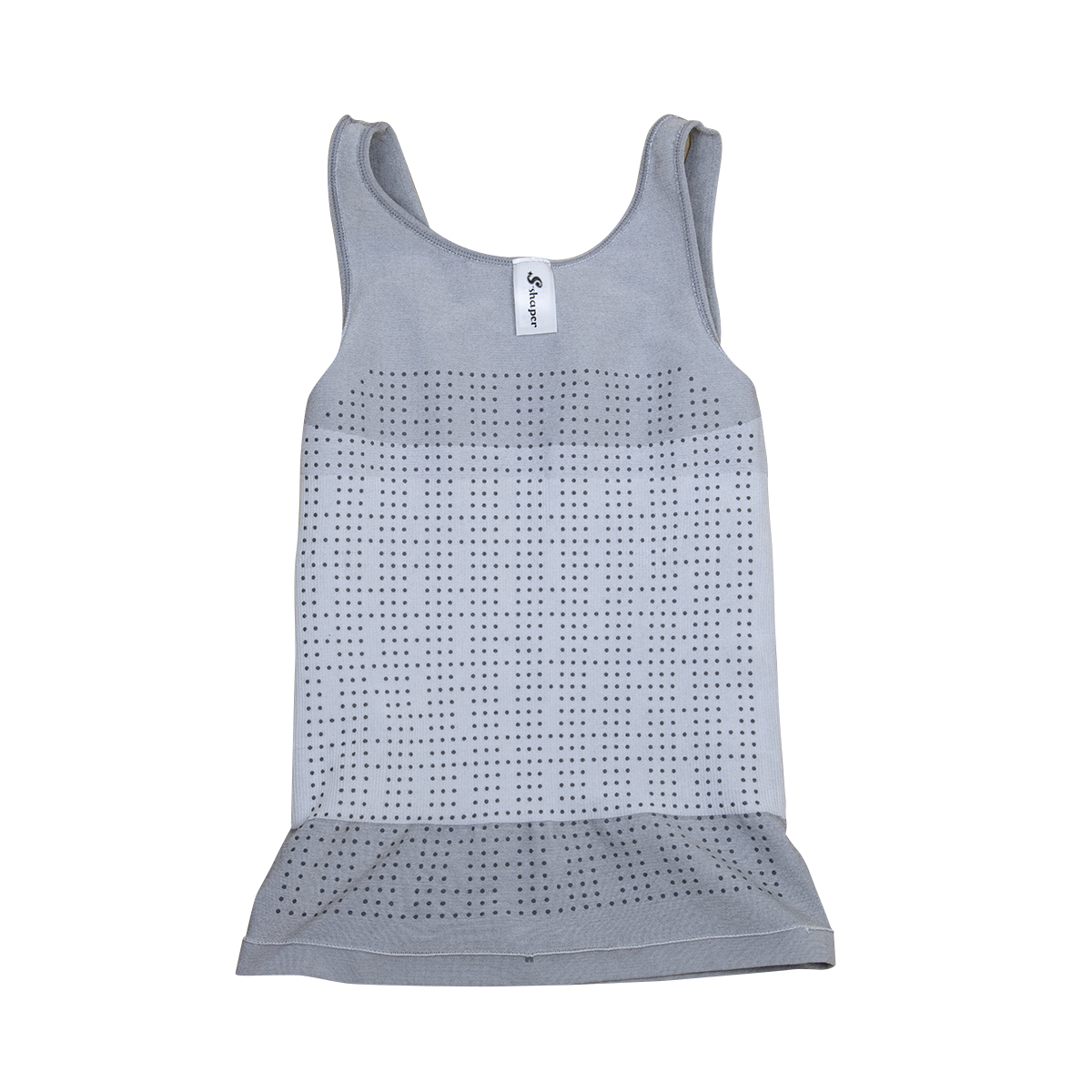 Camiseta sin mangas gris con pequeños detalles de puntos y dobladillo.