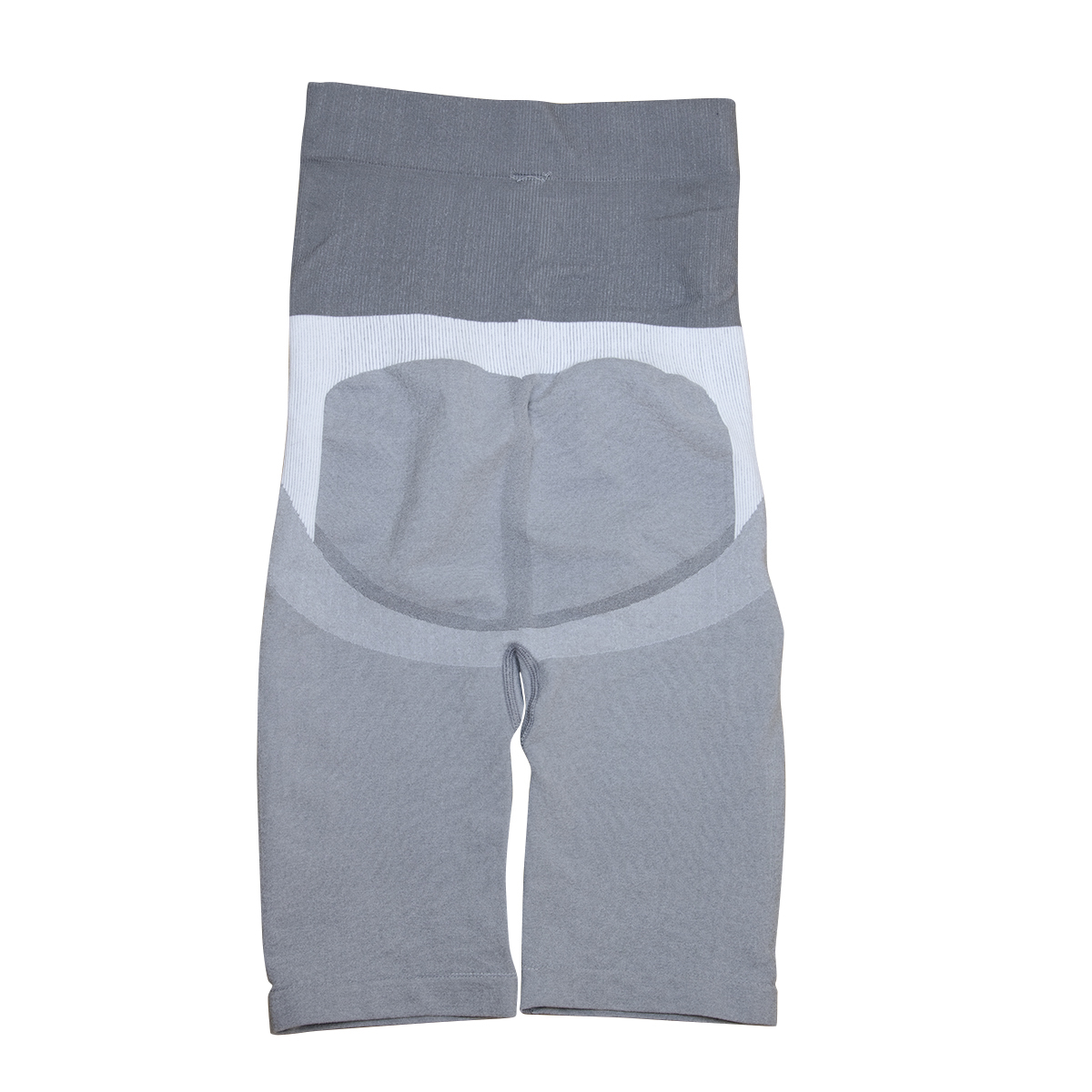 Graue nahtlose Leggings mit weißem Streifen und anatomisch geformten Einsätzen.
