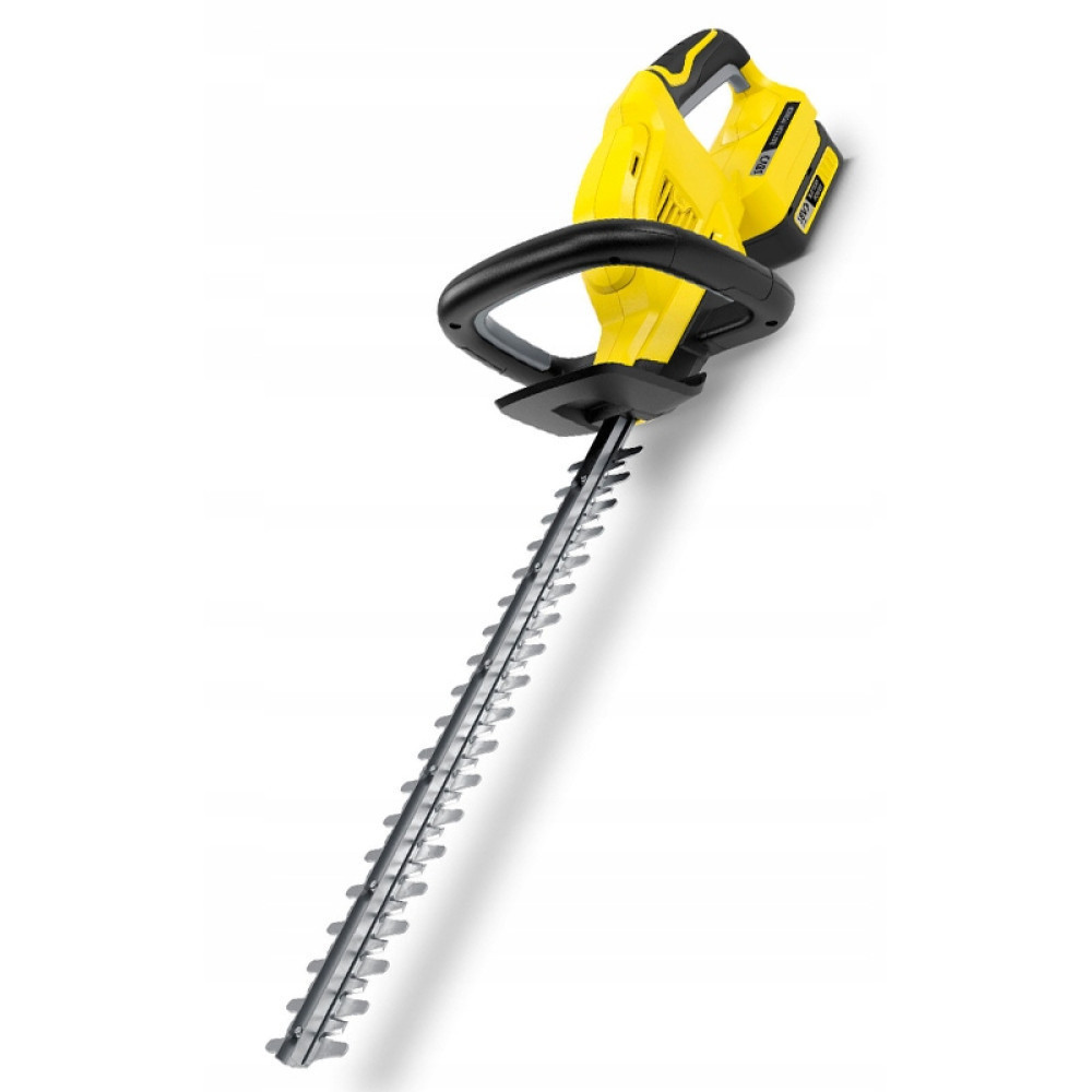Żółto-czarna akumulatorowa nożyca do żywopłotu z długimi ostrzami.