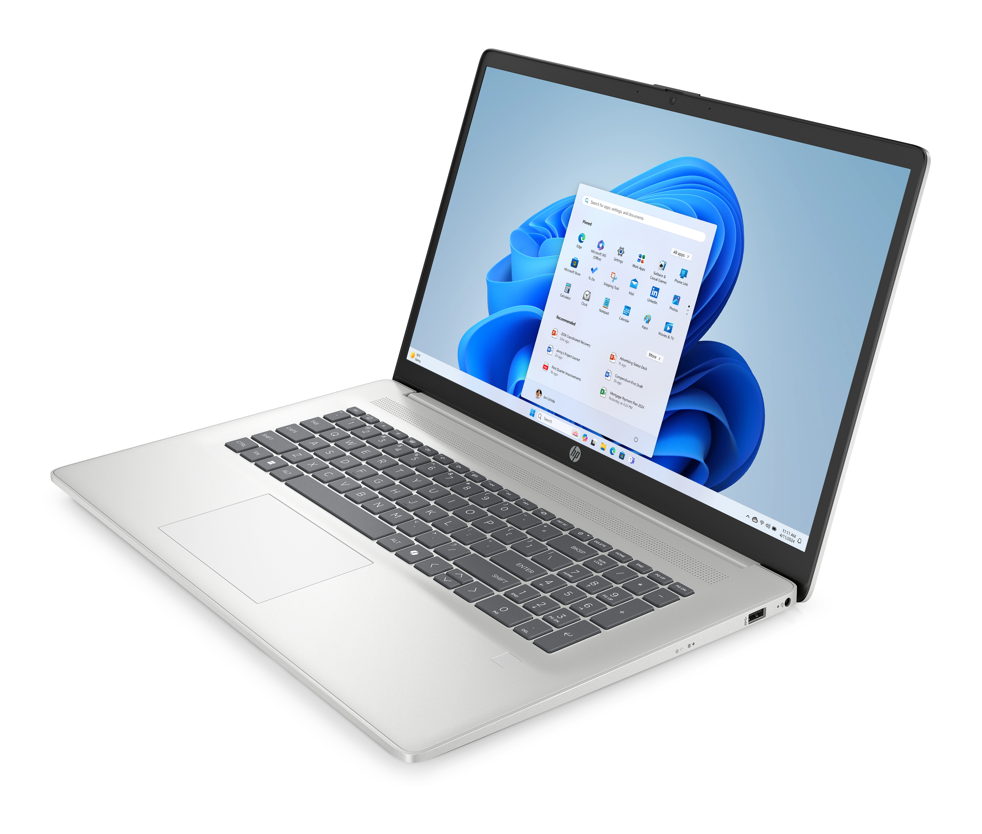 Srebrny laptop HP z systemem Windows 11 i otwartym menu Start.