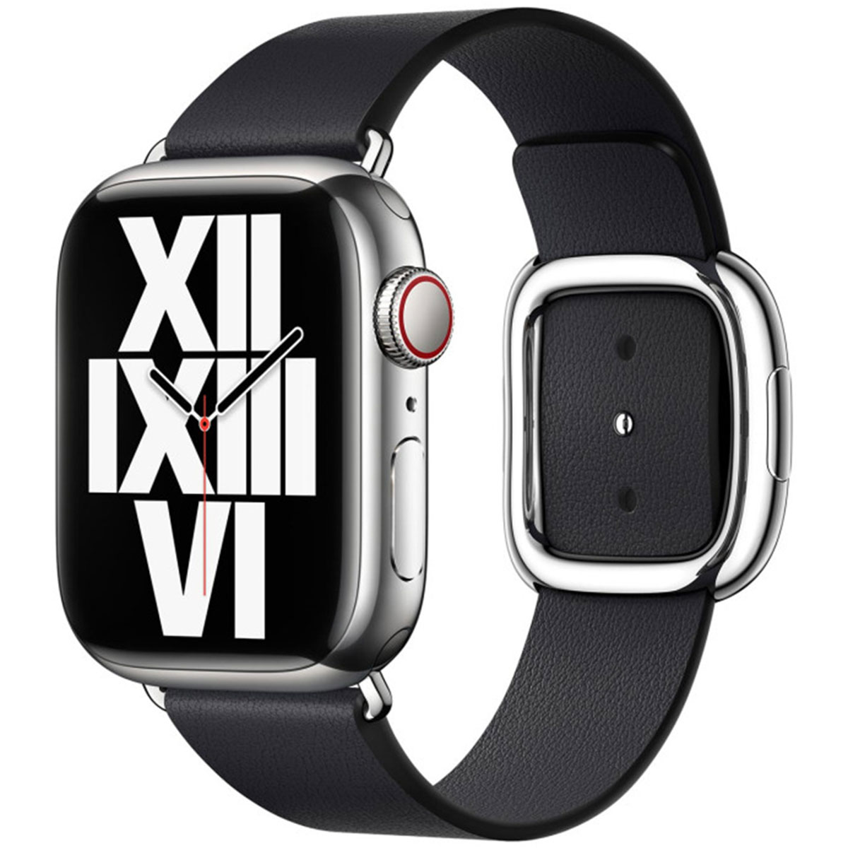 Uno smartwatch argentato con cinturino in pelle nera, che mostra numeri romani.