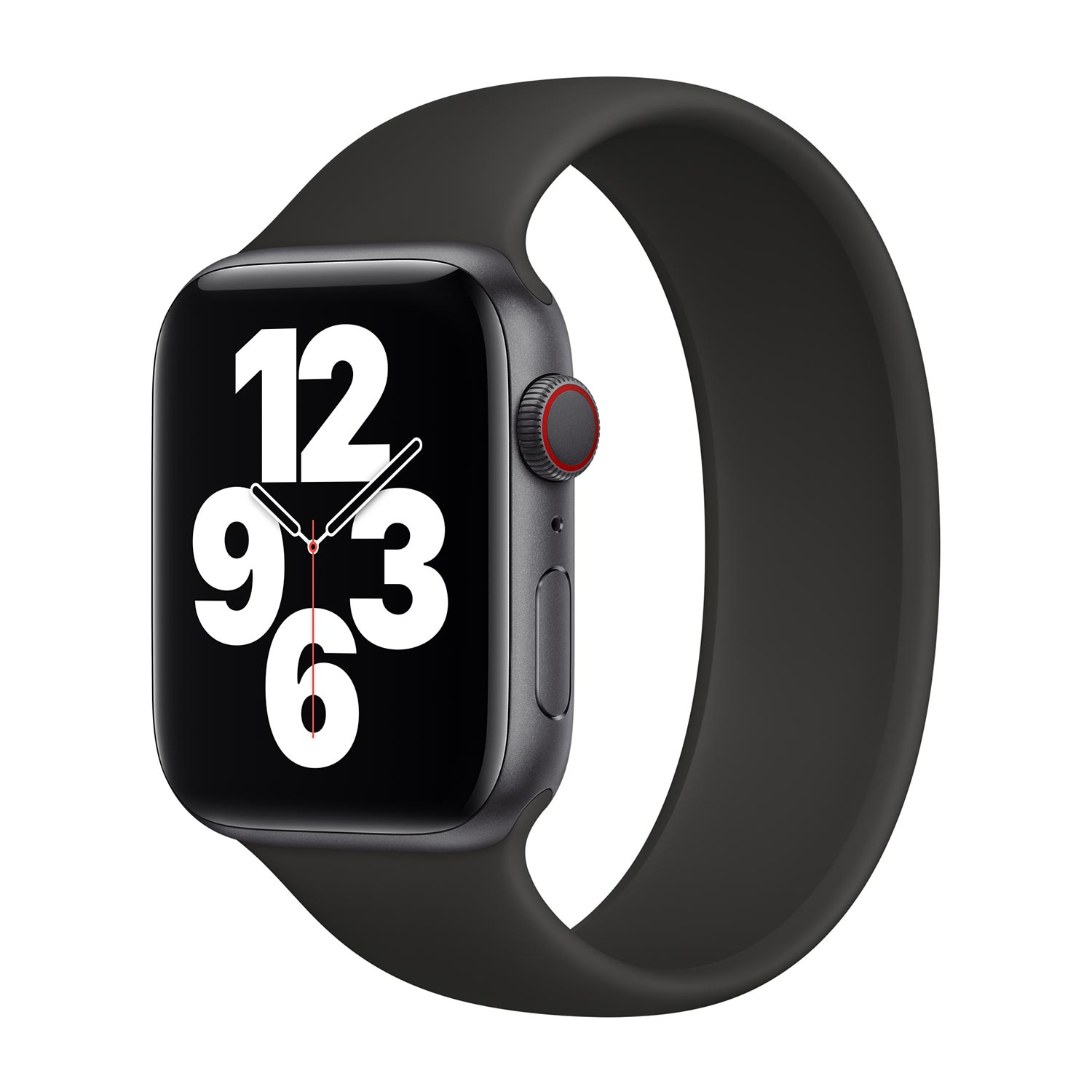 Een grijze Apple Watch met een zwart scherm waarop 12, 9 en 6 staan.