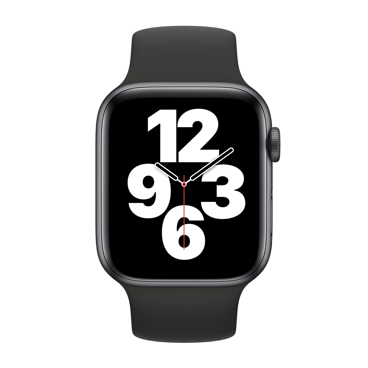 Een donkere smartwatch met een zwart scherm met witte cijfers.
