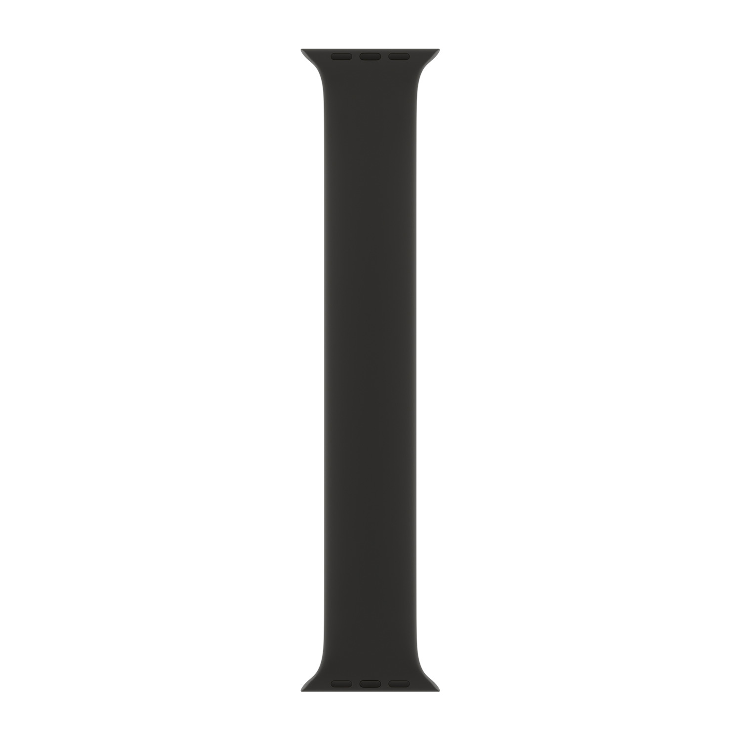 Donkergrijs solo loop horlogebandje met connectorpinnen aan beide uiteinden op witte achtergrond.