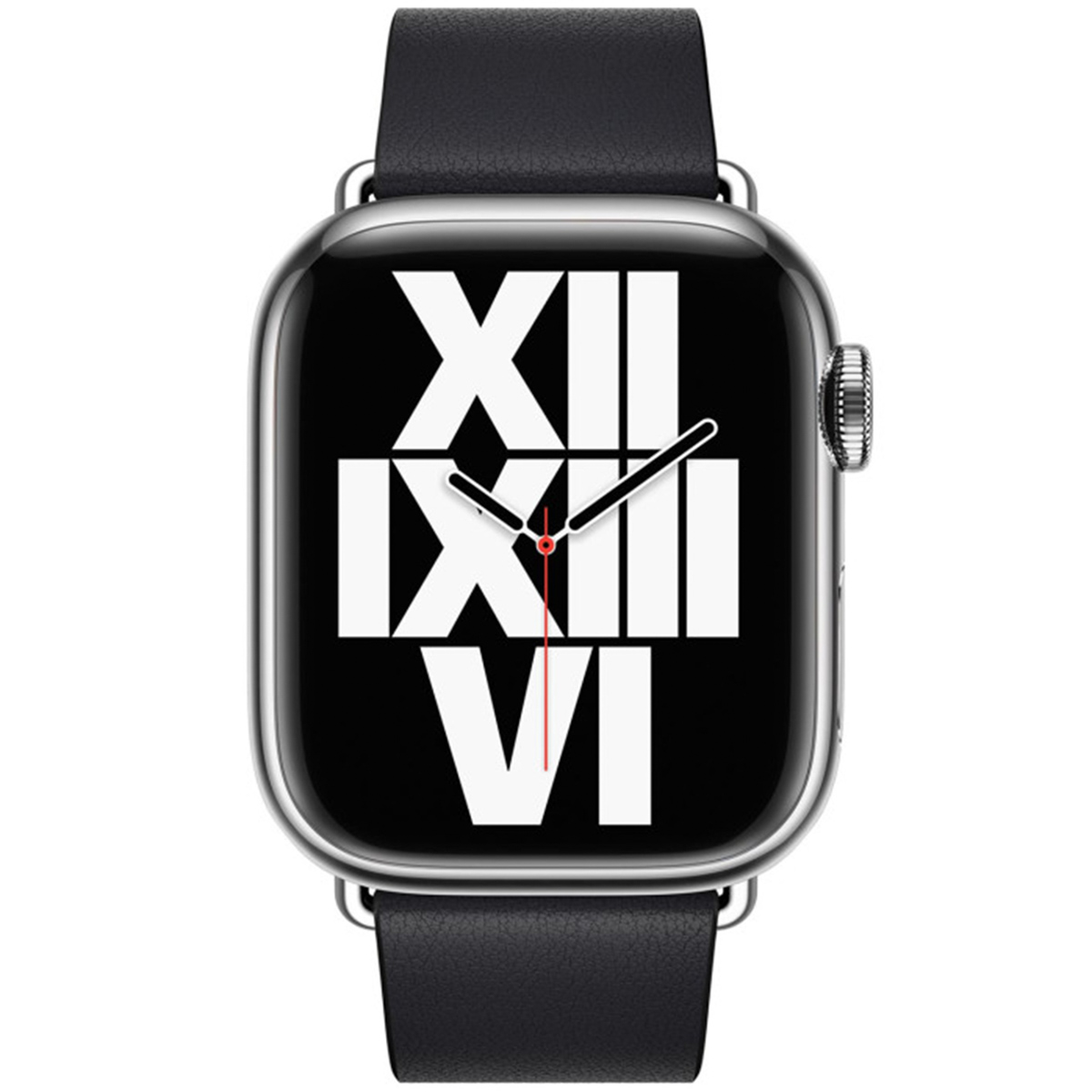Uno smartwatch argentato con cinturino in pelle nera e quadrante con numeri romani.
