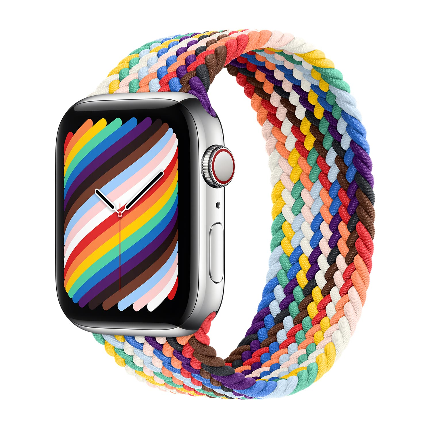 Uno smartwatch con cinturino intrecciato colorato e quadrante arcobaleno.