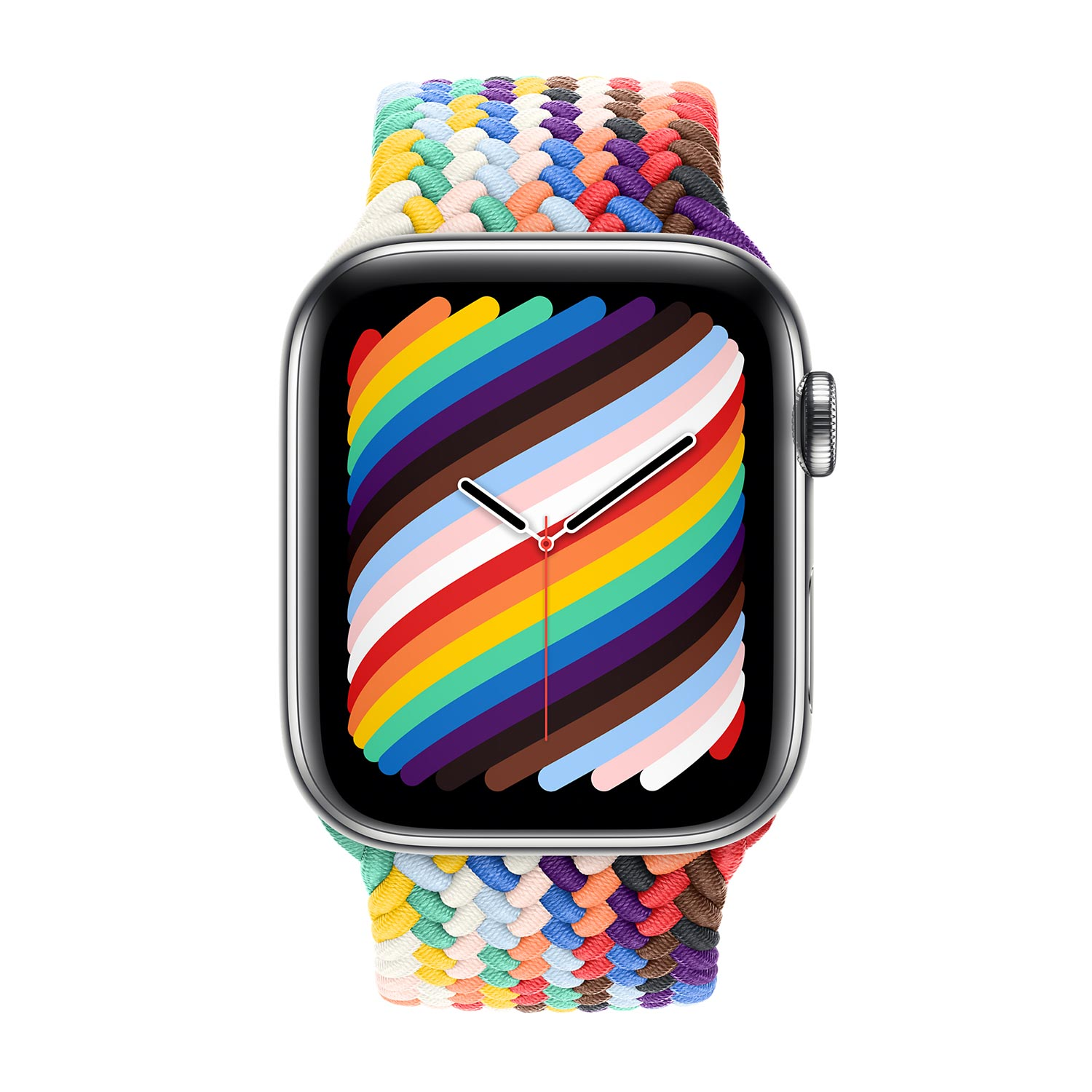 Uno smartwatch con cinturino intrecciato colorato e quadrante arcobaleno.