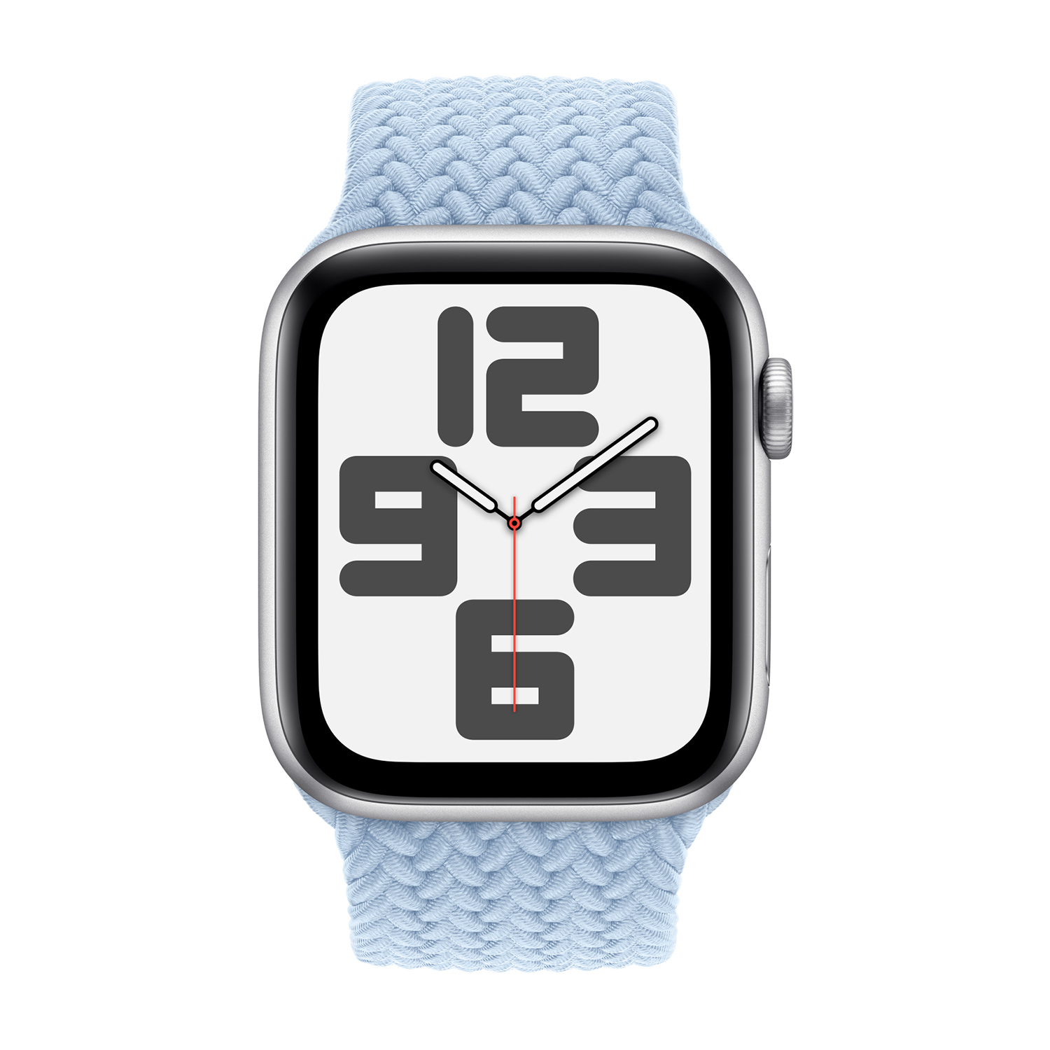 Un Apple Watch argentato con cinturino intrecciato blu, che mostra l'ora.