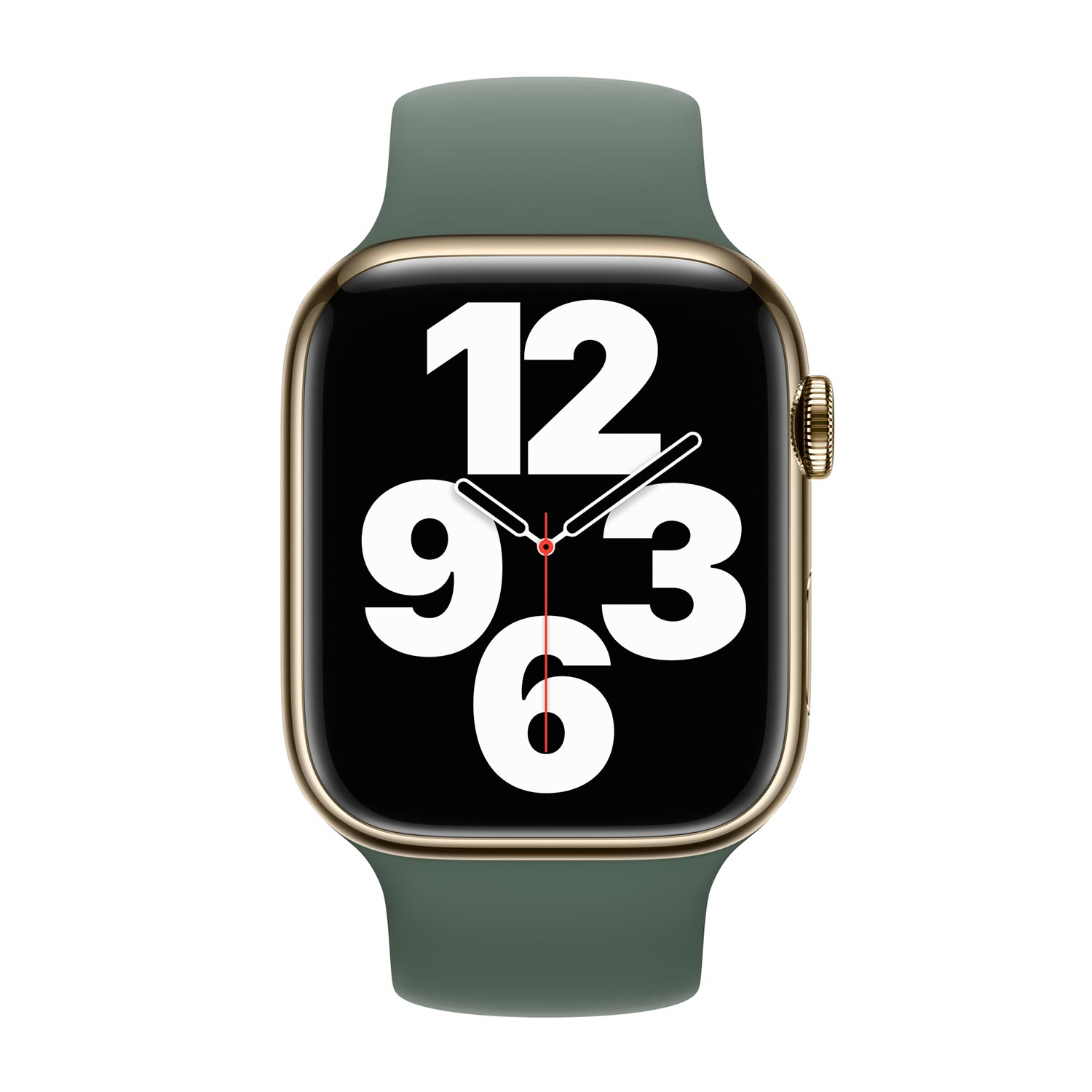 Apple Watch oro con cinturino verde, quadrante mostra 12, 9, 3, 6.
