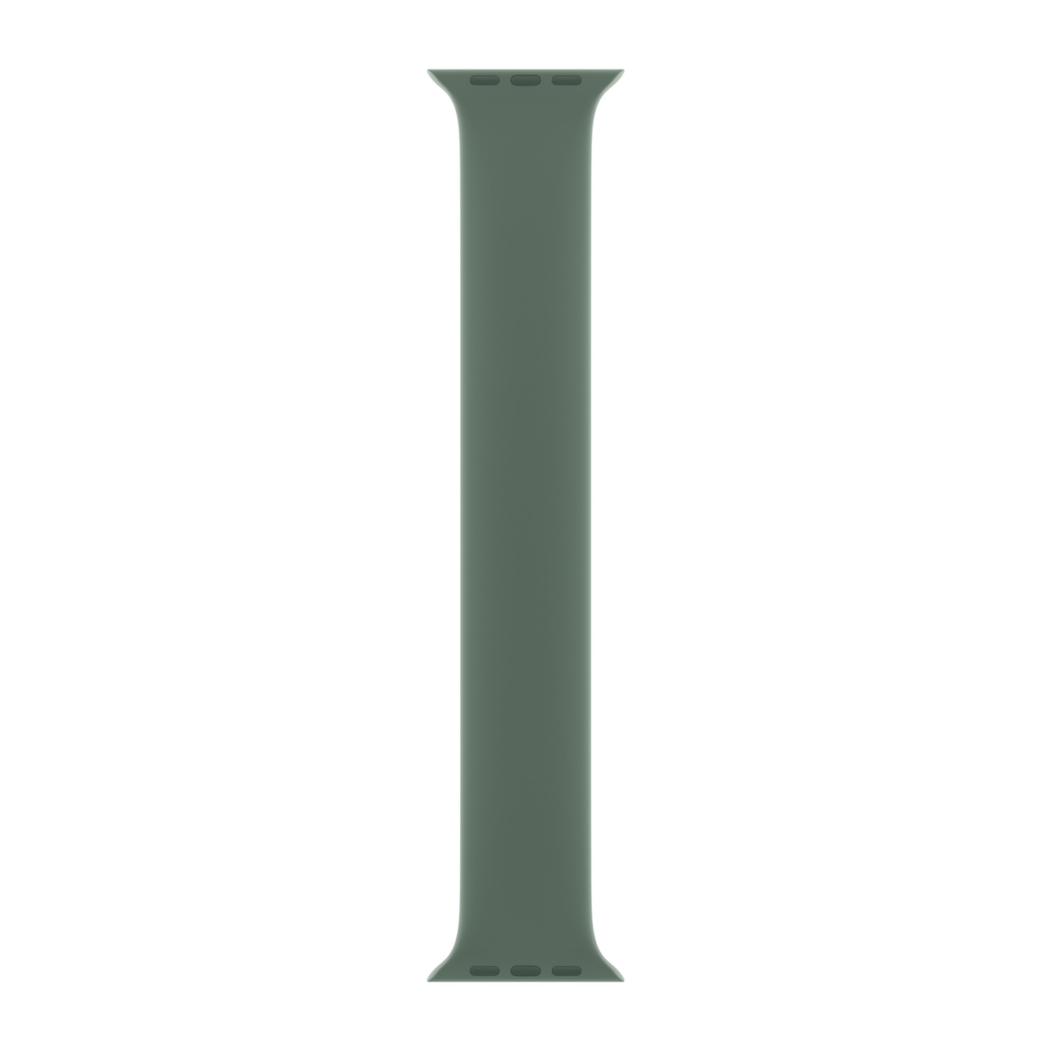 Un cinturino Apple Watch grigio-verde su sfondo bianco.