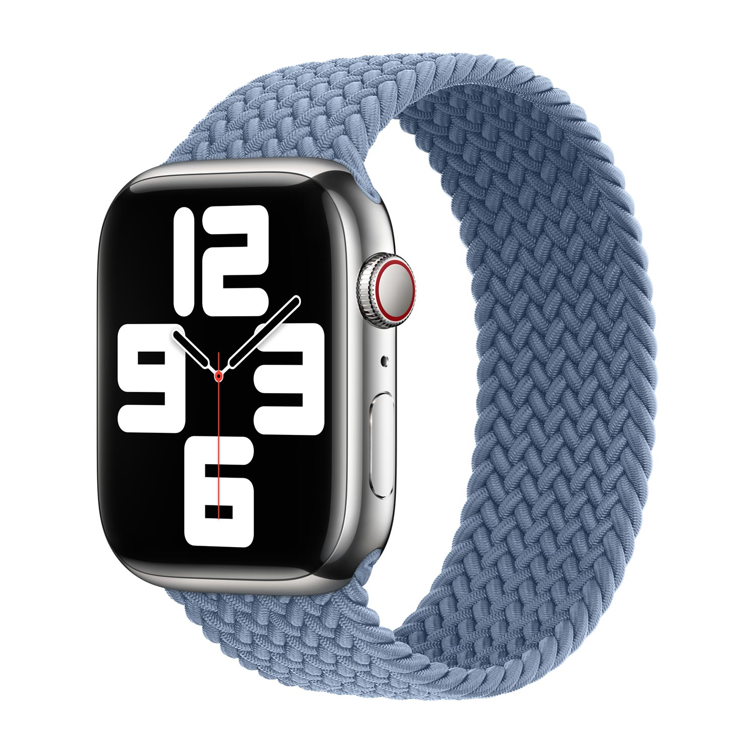 Een zilverkleurig smartwatch met blauwe gevlochten band. Wijzerplaat toont 12, 9, 3, 6.