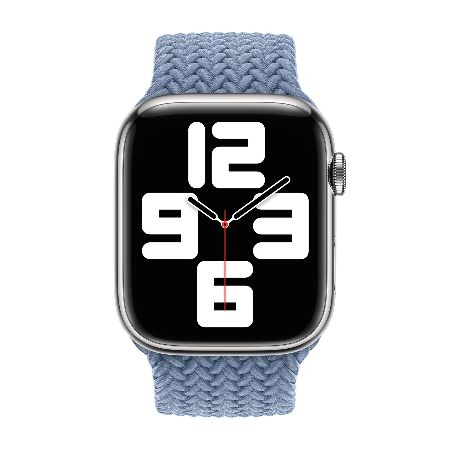 Zilverkleurig smartwatch-display met blauwe gevlochten band.