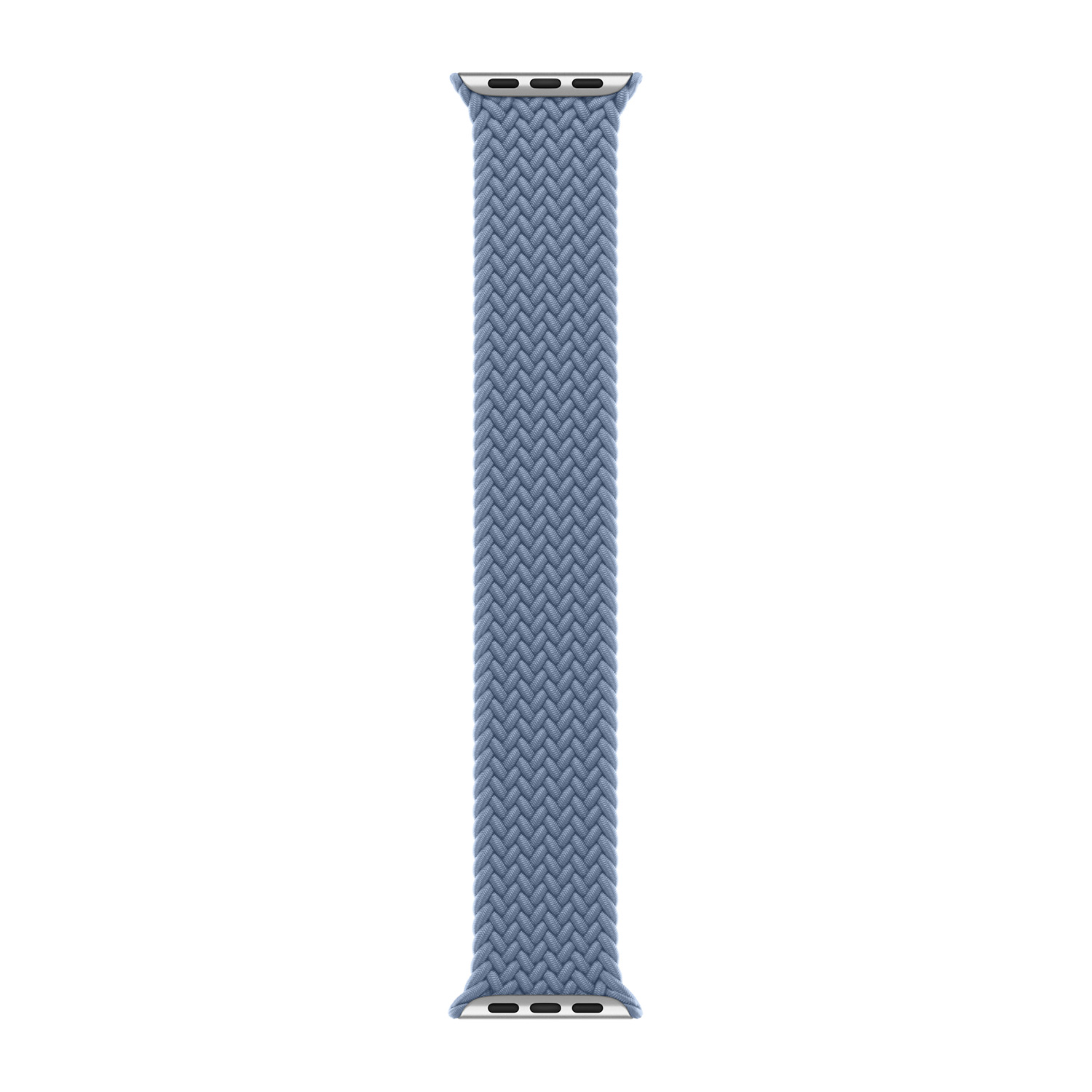 Een blauwe gevlochten stoffen Apple Watch band met zilveren connectoren.