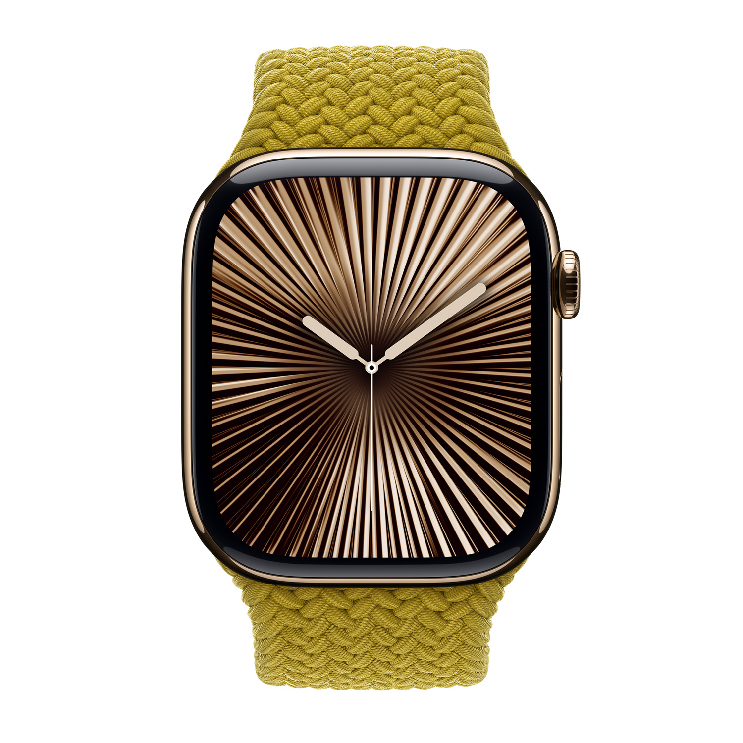 Gold smartwatch with yellow band and a sunburst watch face.