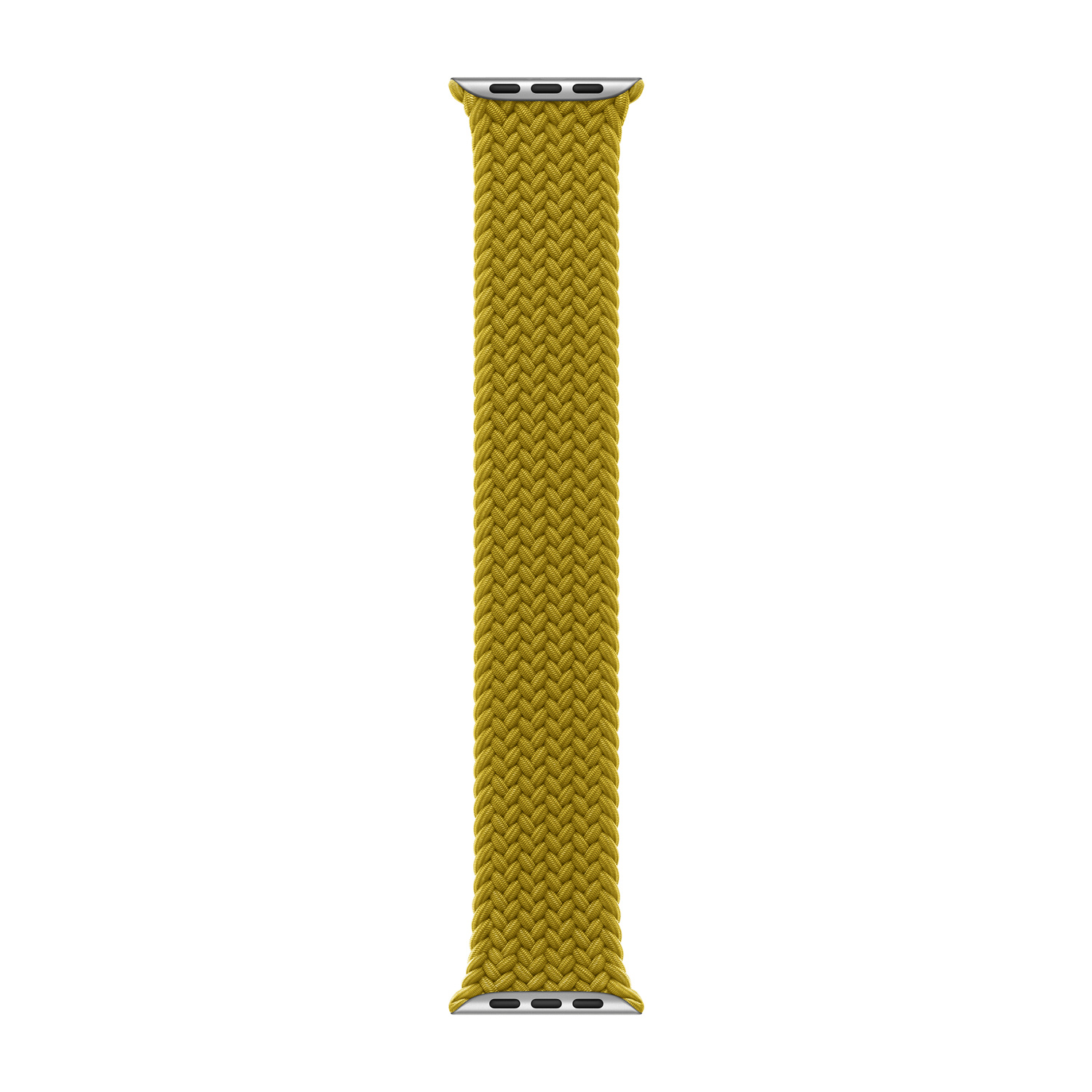 A yellow braided Apple Watch band with silver connectors.