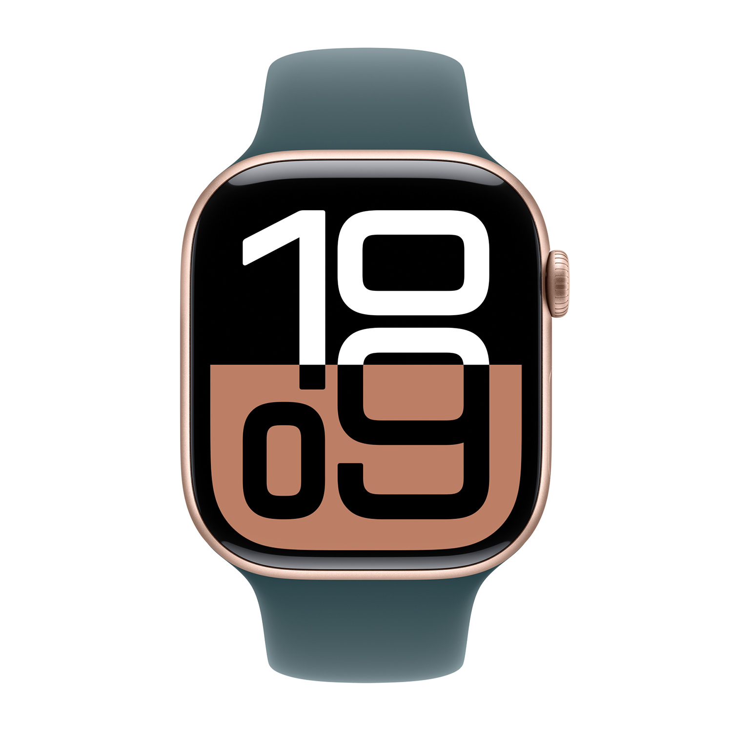 Uno smartwatch verde acqua con cassa dorata e display digitale che mostra 19:09.